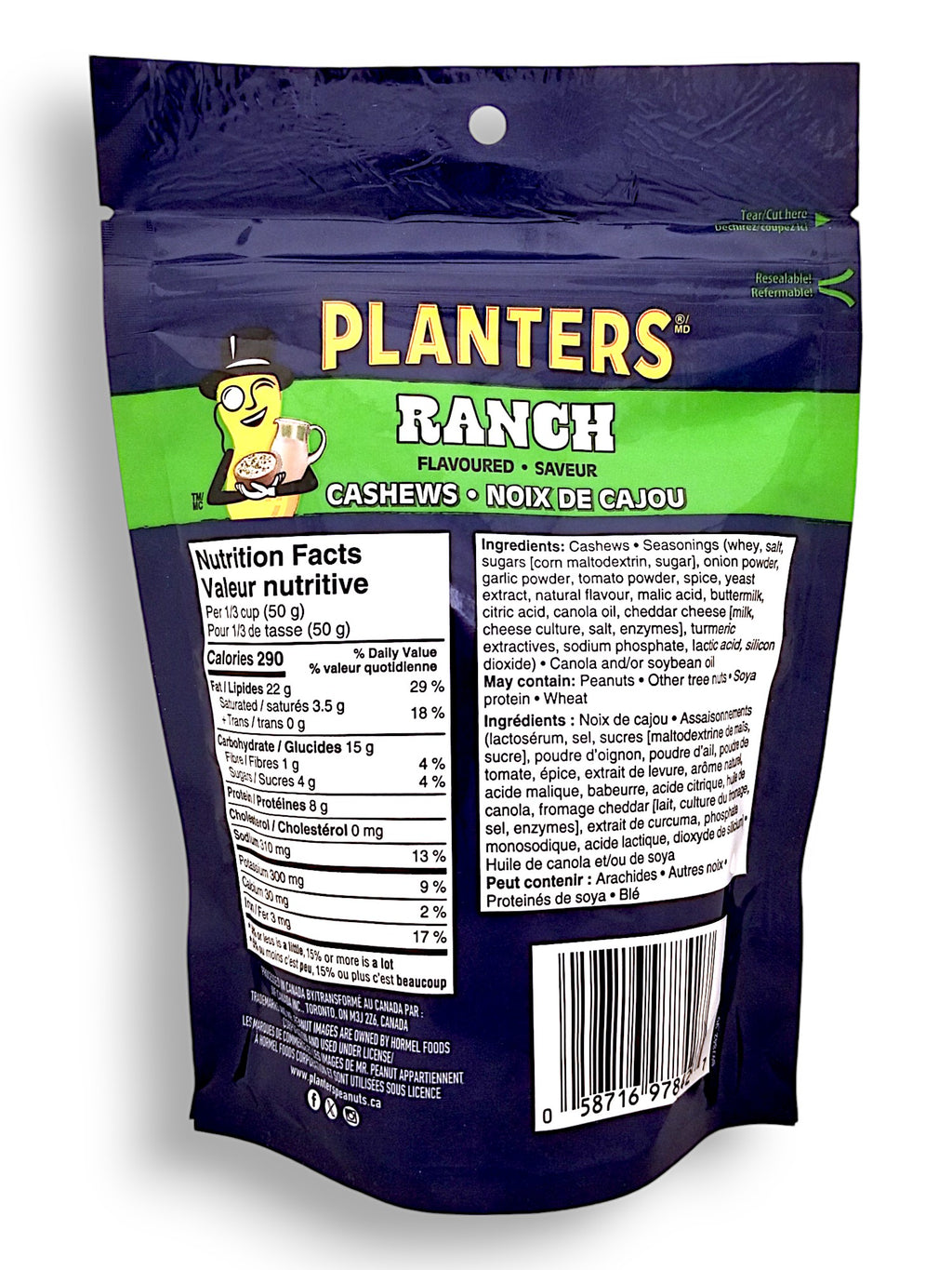 Back of Planters Ranch Flavored Cashews, 145g/5.1 oz. Bag