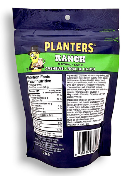 Back of Planters Ranch Flavored Cashews, 145g/5.1 oz. Bag