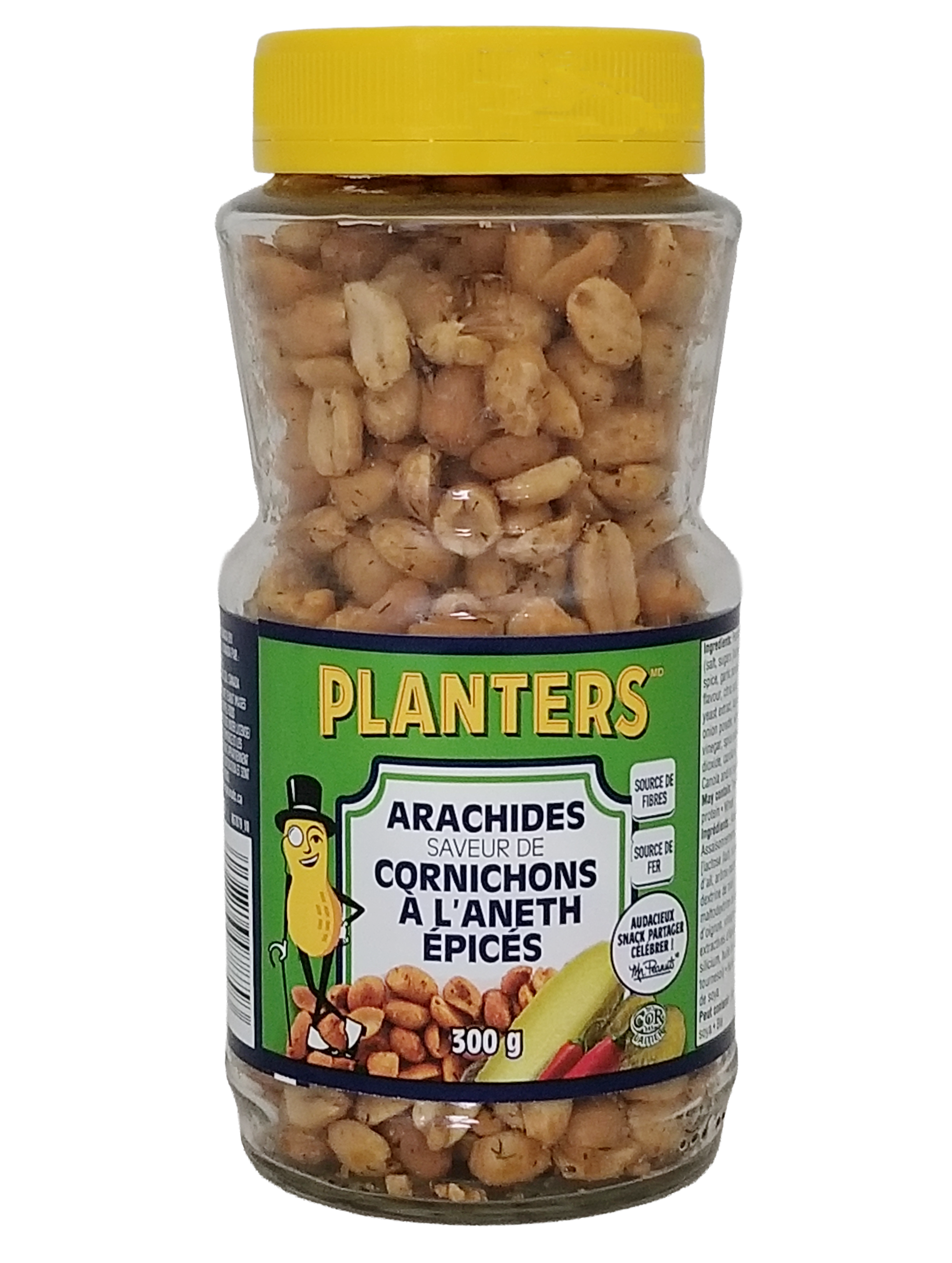 Back side of Jar of Planters Spicy Dill Pickle Flavored Peanuts, 300g/10.6oz with a yellow lid on a white background.
