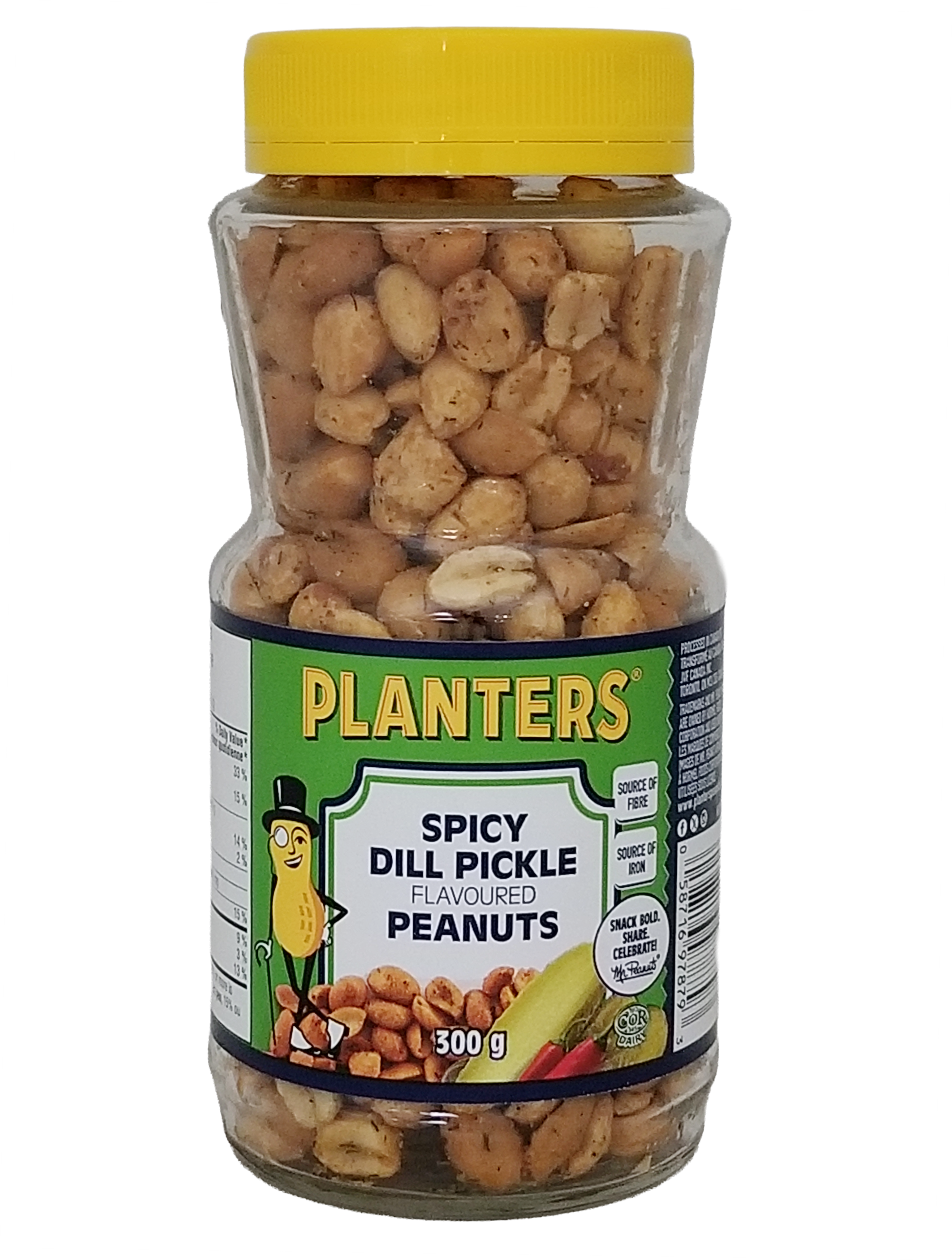Front side of Jar of Planters Spicy Dill Pickle Flavored Peanuts, 300g/10.6oz with a yellow lid on a white background.