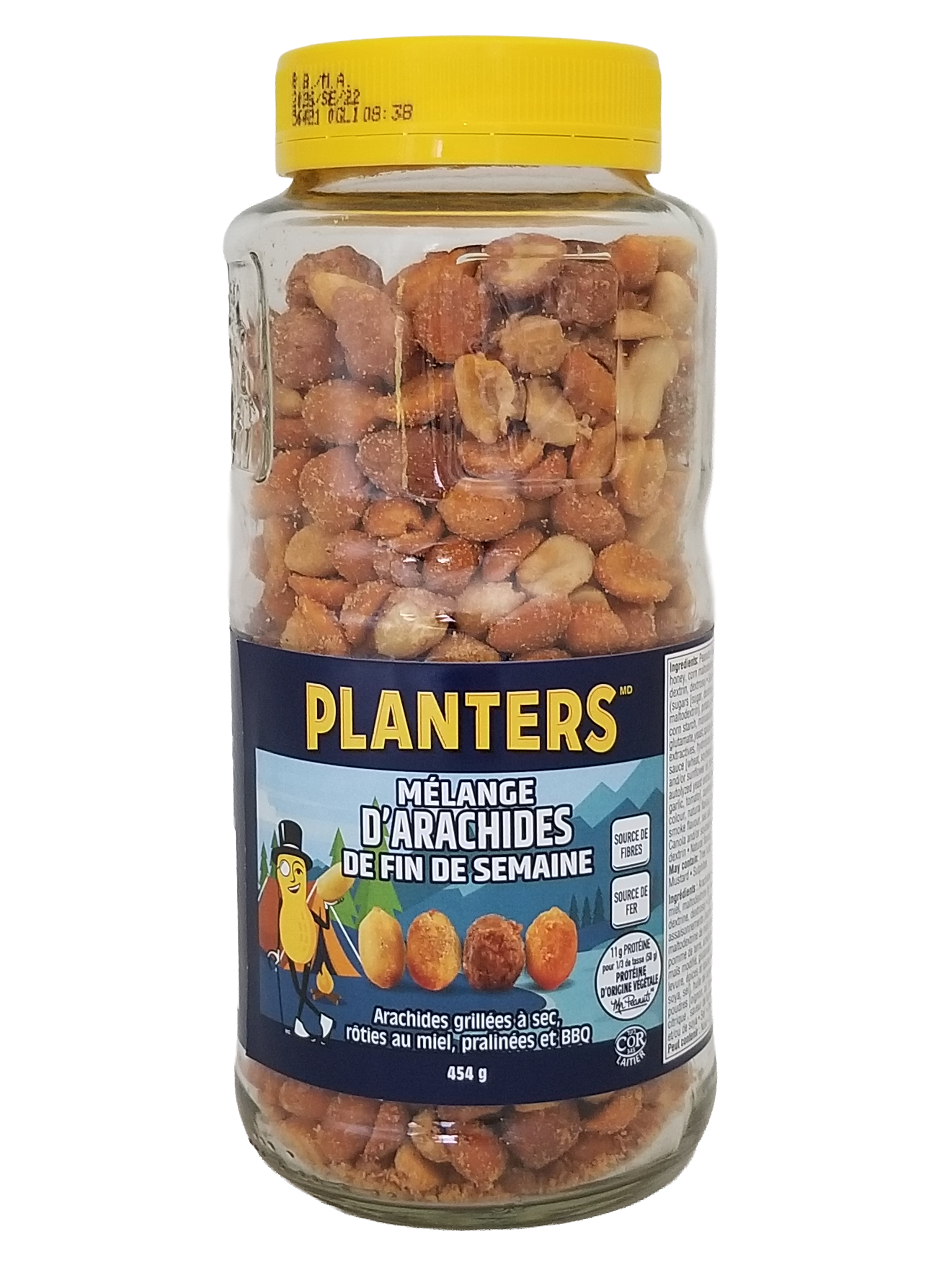 Jar of Planters Weekender Peanut Medley Mix, 454g/16 oz with a yellow lid on a white background