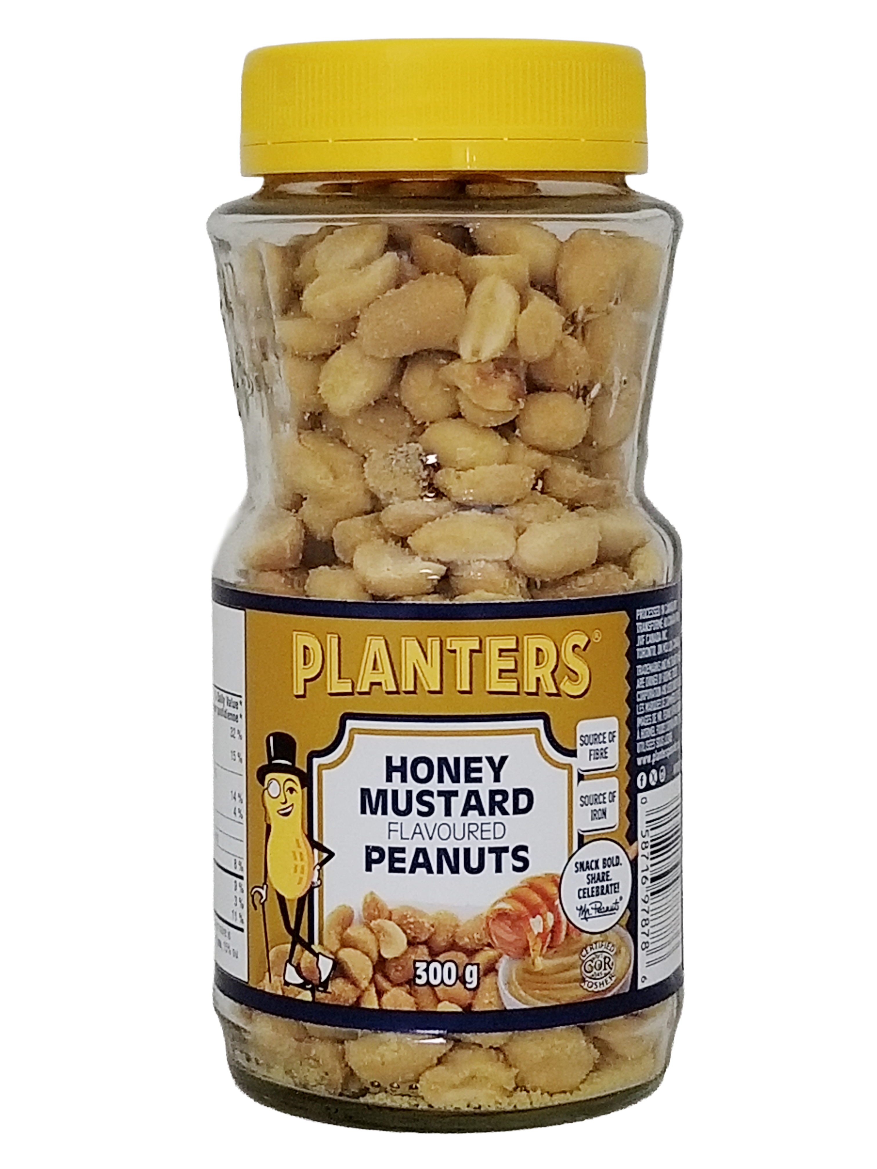 Jar of Planters honey mustard flavored peanuts with a yellow lid on a white background