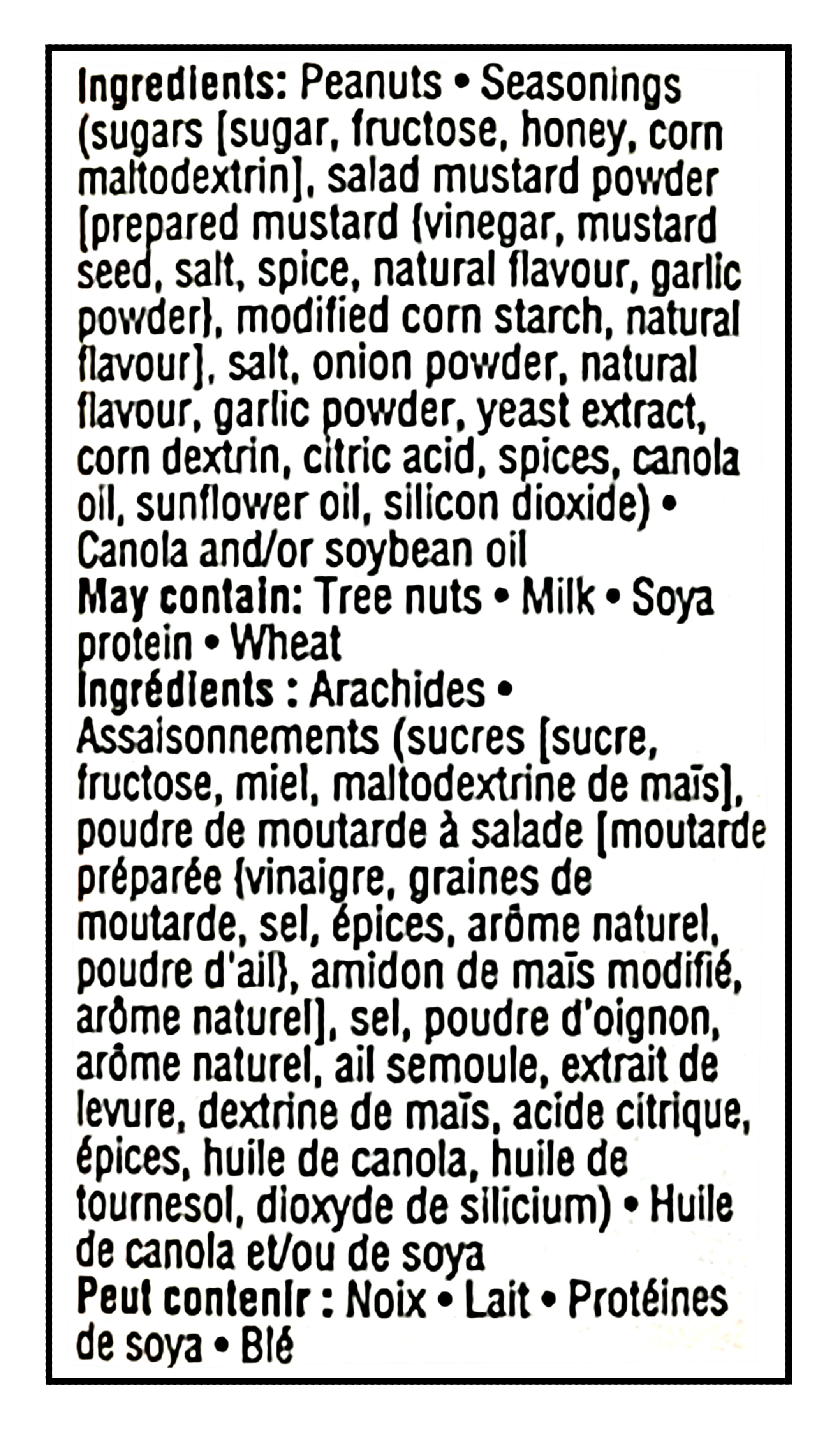 List of ingredients of Planters Honey Mustard Flavored Peanuts, 300g/10.6oz