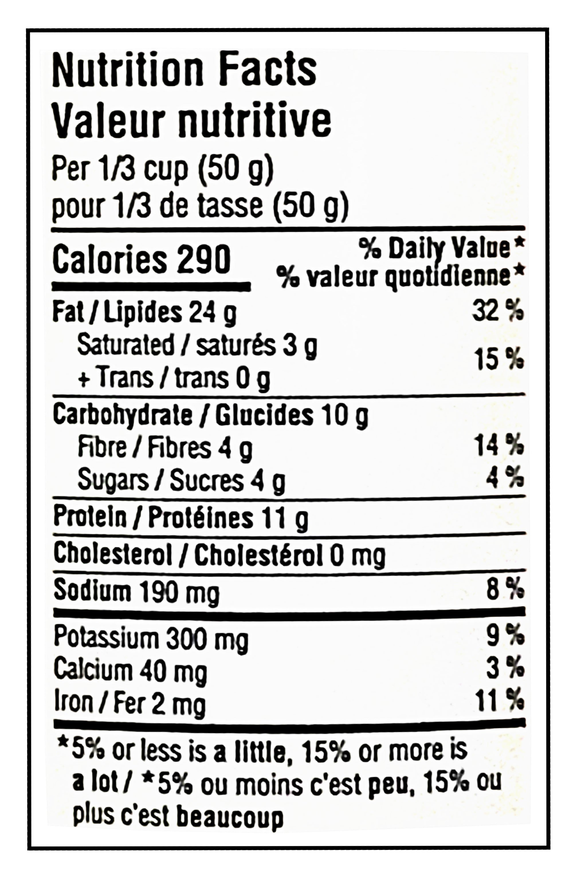 Nutrition facts label for Planters Honey Mustard Flavored Peanuts, 300g/10.6oz