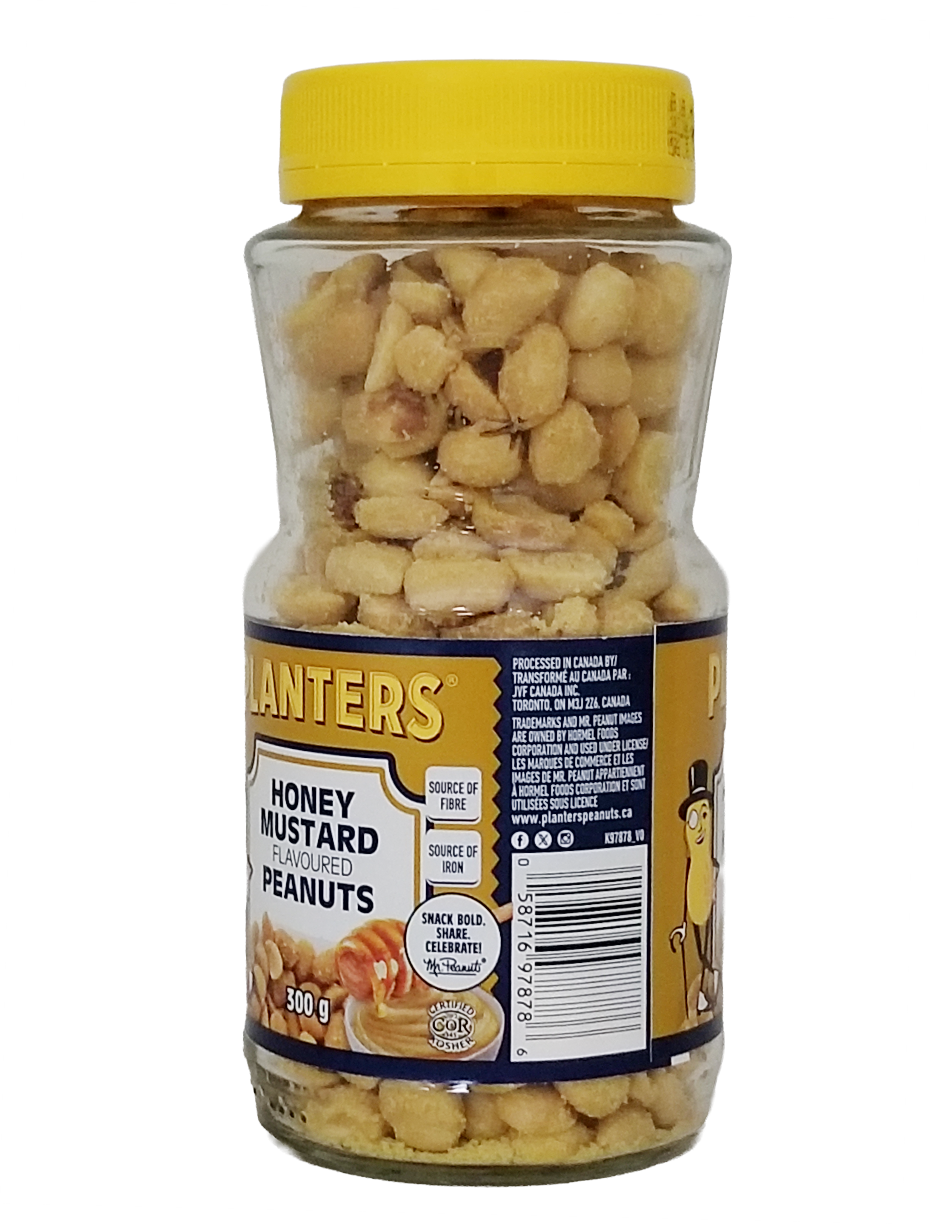 Jar of Honey Mustard Flavored Peanuts with a yellow lid on a white background