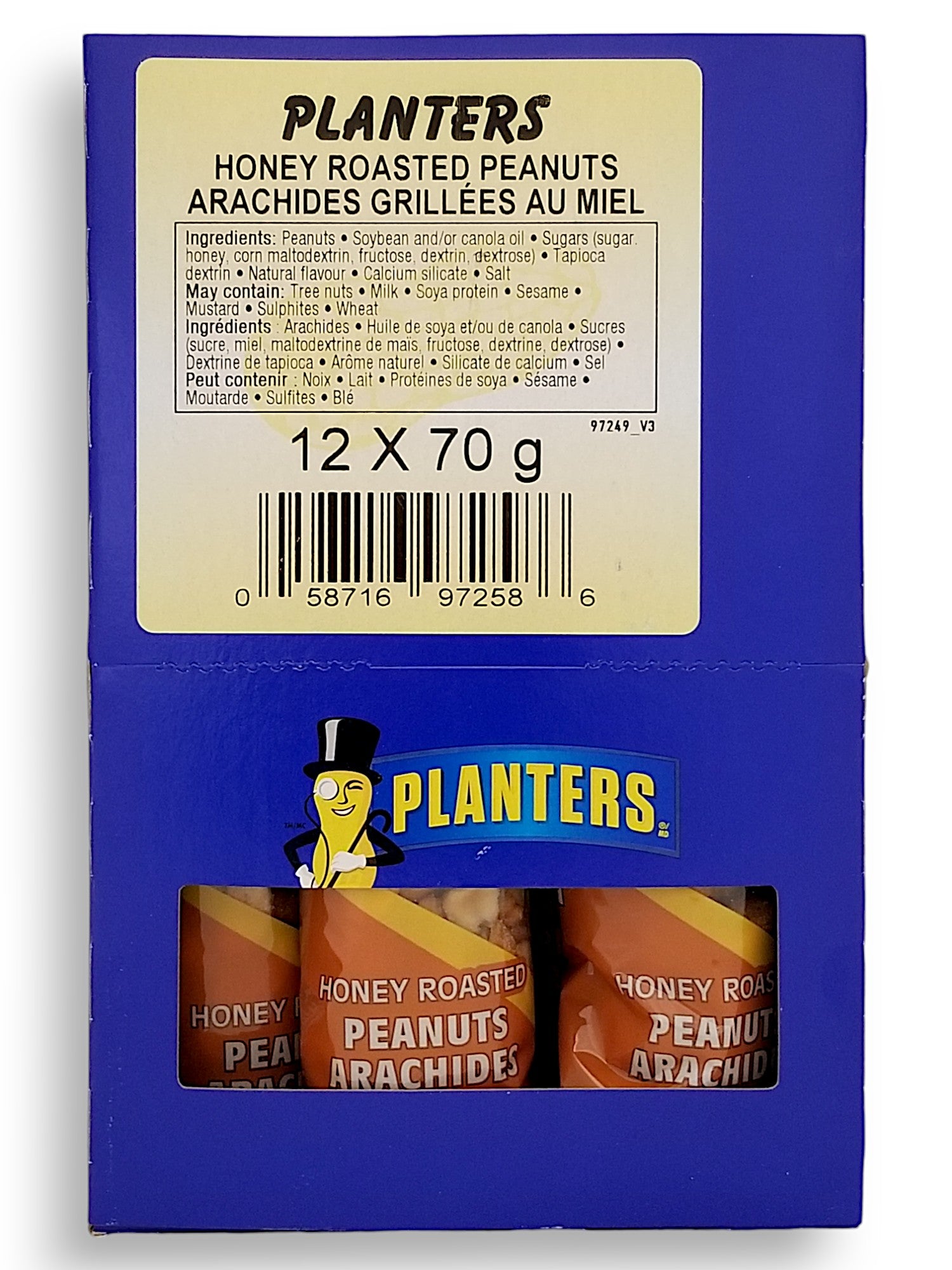 Front of Planters Honey Roasted Peanuts, (12x70g), 840g/1.9 lbs. Box