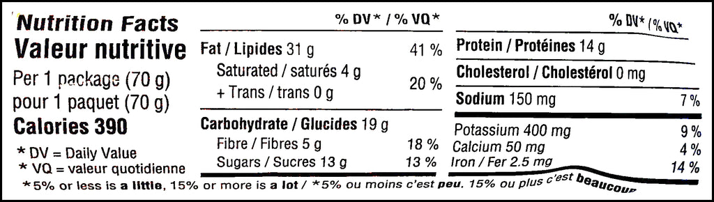 Nutrition facts label of Planters Honey Roasted Peanuts, (12x70g), 840g/1.9 lbs. Box