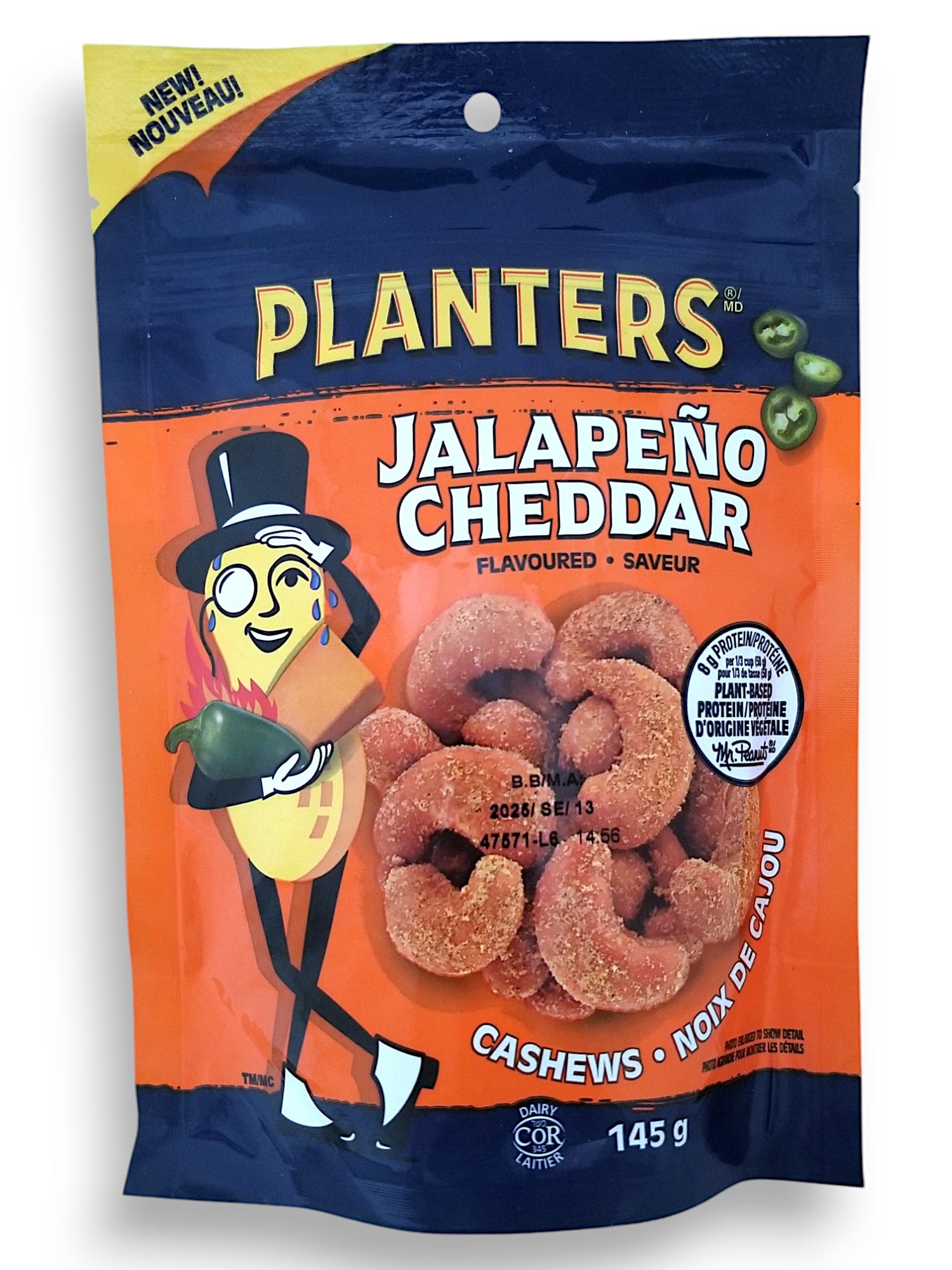 Front of Planters Jalapeno Cheddar Flavored Cashews, 145g/5.1 oz. Bag