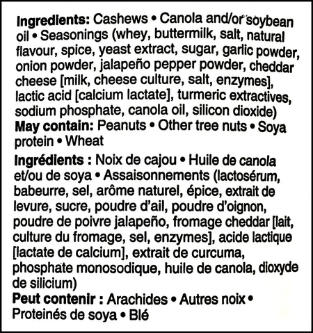 Ingredients label of Planters Jalapeno Cheddar Flavored Cashews, 145g/5.1 oz. Bag