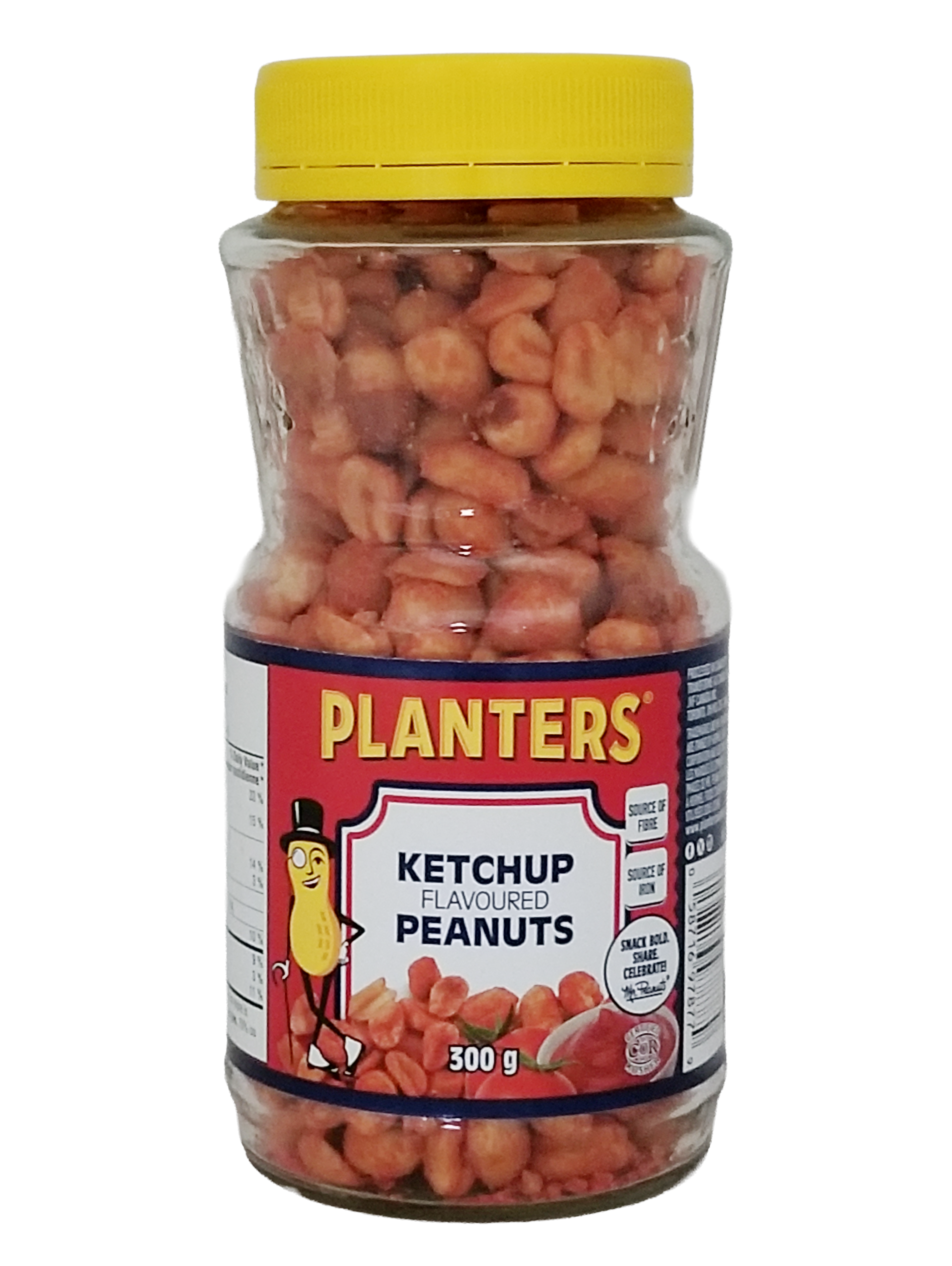 Front of jar of Planters Ketchup Flavored Peanuts, 300g/10.6oz with yellow lid on a white background.