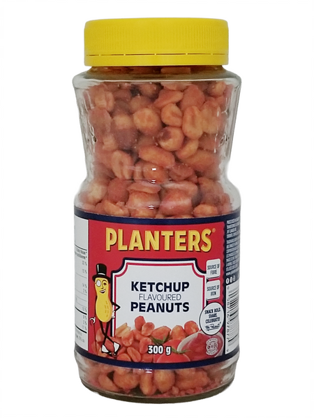 Front of jar of Planters Ketchup Flavored Peanuts, 300g/10.6oz with yellow lid on a white background.