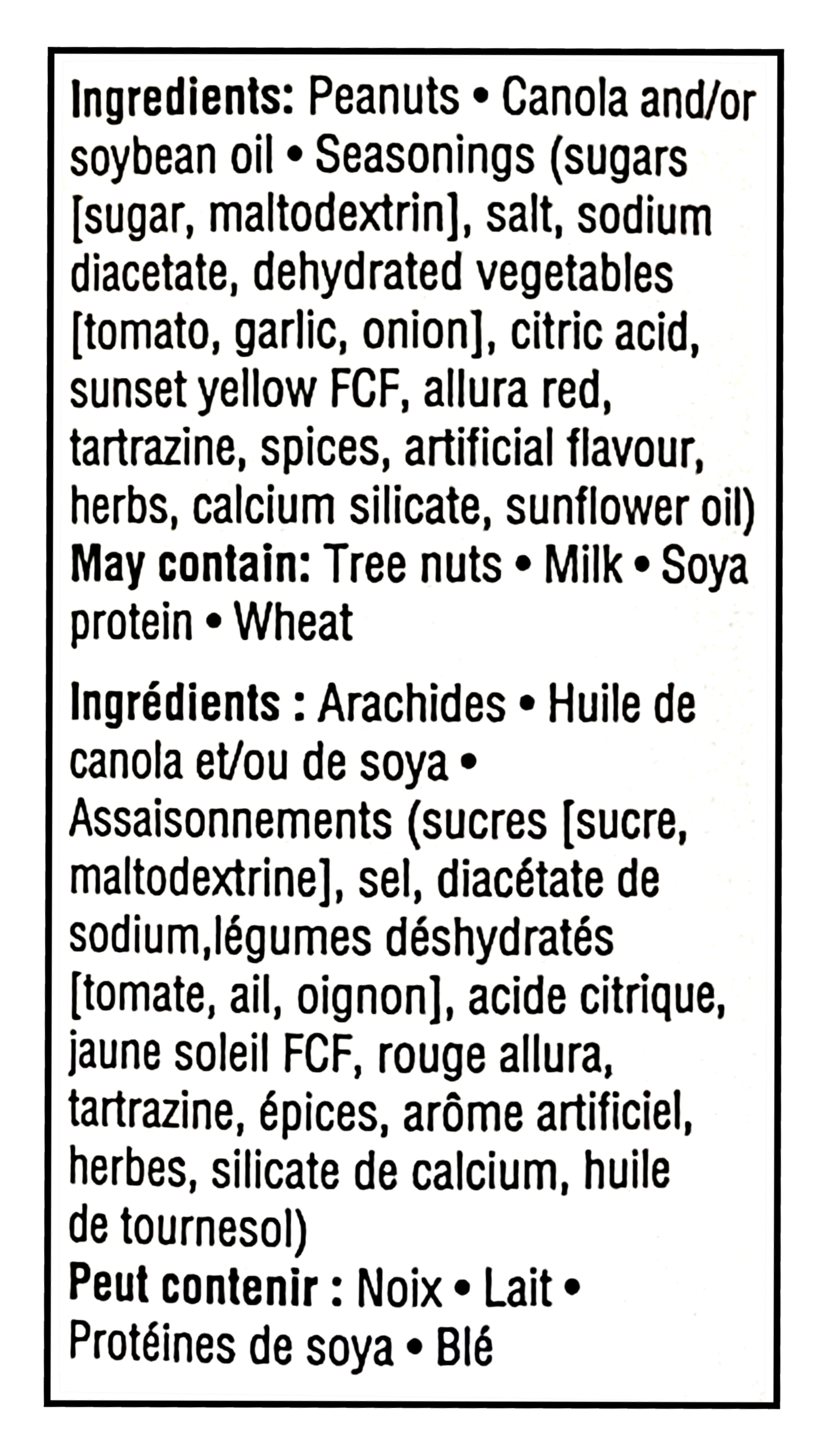List of ingredients of Planters Ketchup Flavored Peanuts, 300g/10.6oz on a black background