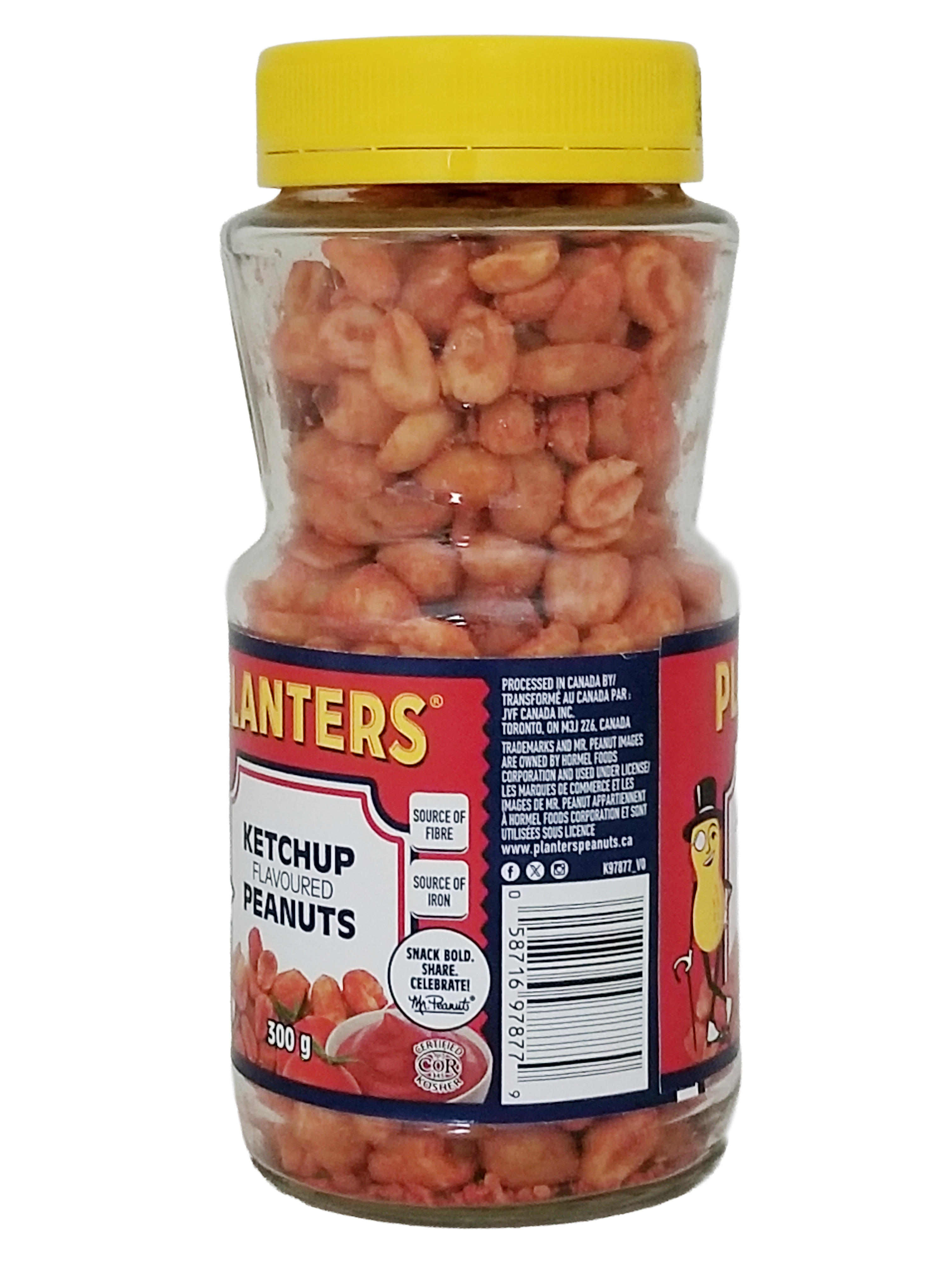 Side of jar of Planters Ketchup Flavored Peanuts, 300g/10.6oz with a yellow lid on a white background