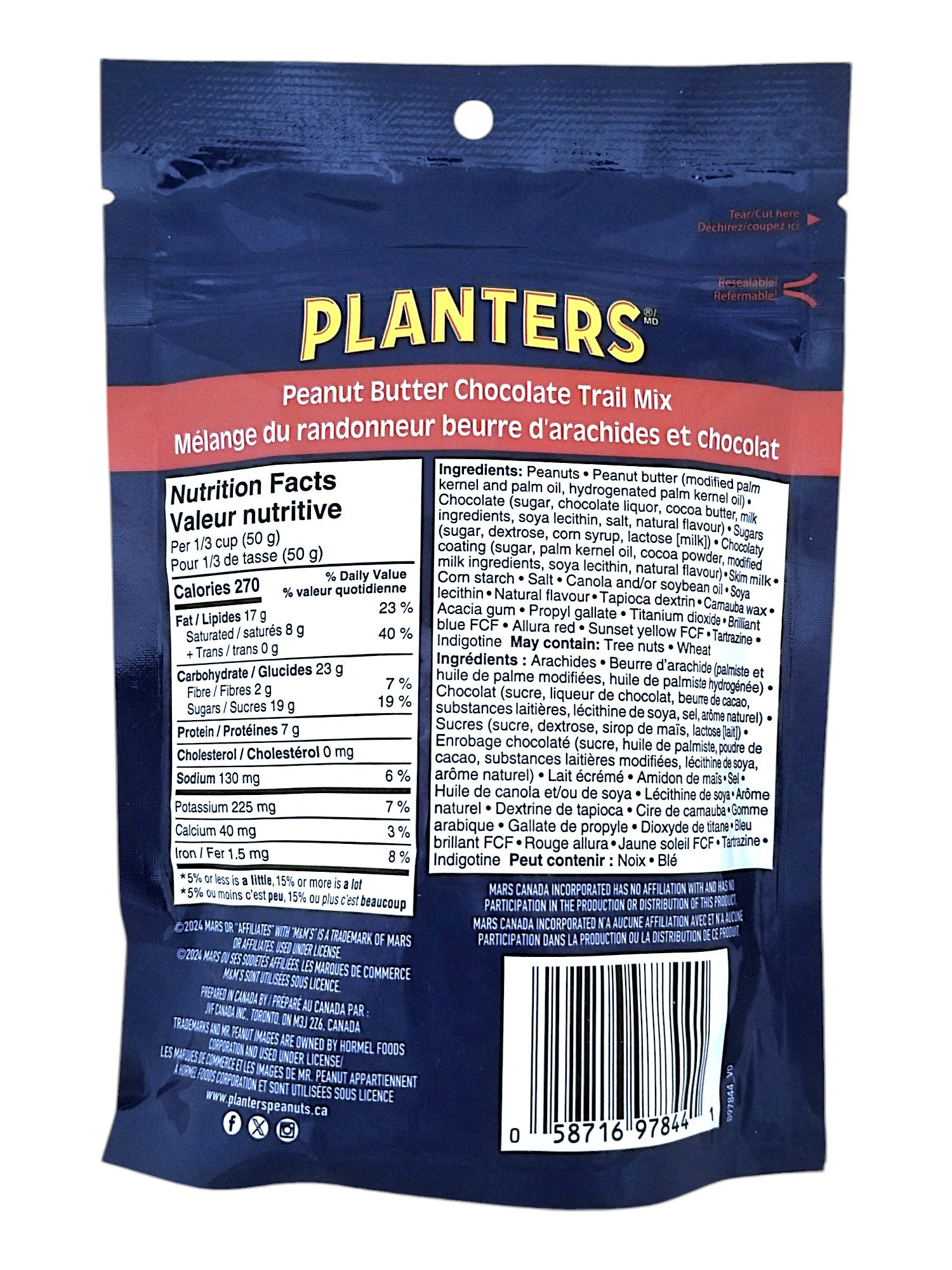 Back of Planters Peanut Bitter Chocolate Trail Mix, 170g/6 oz. Bag