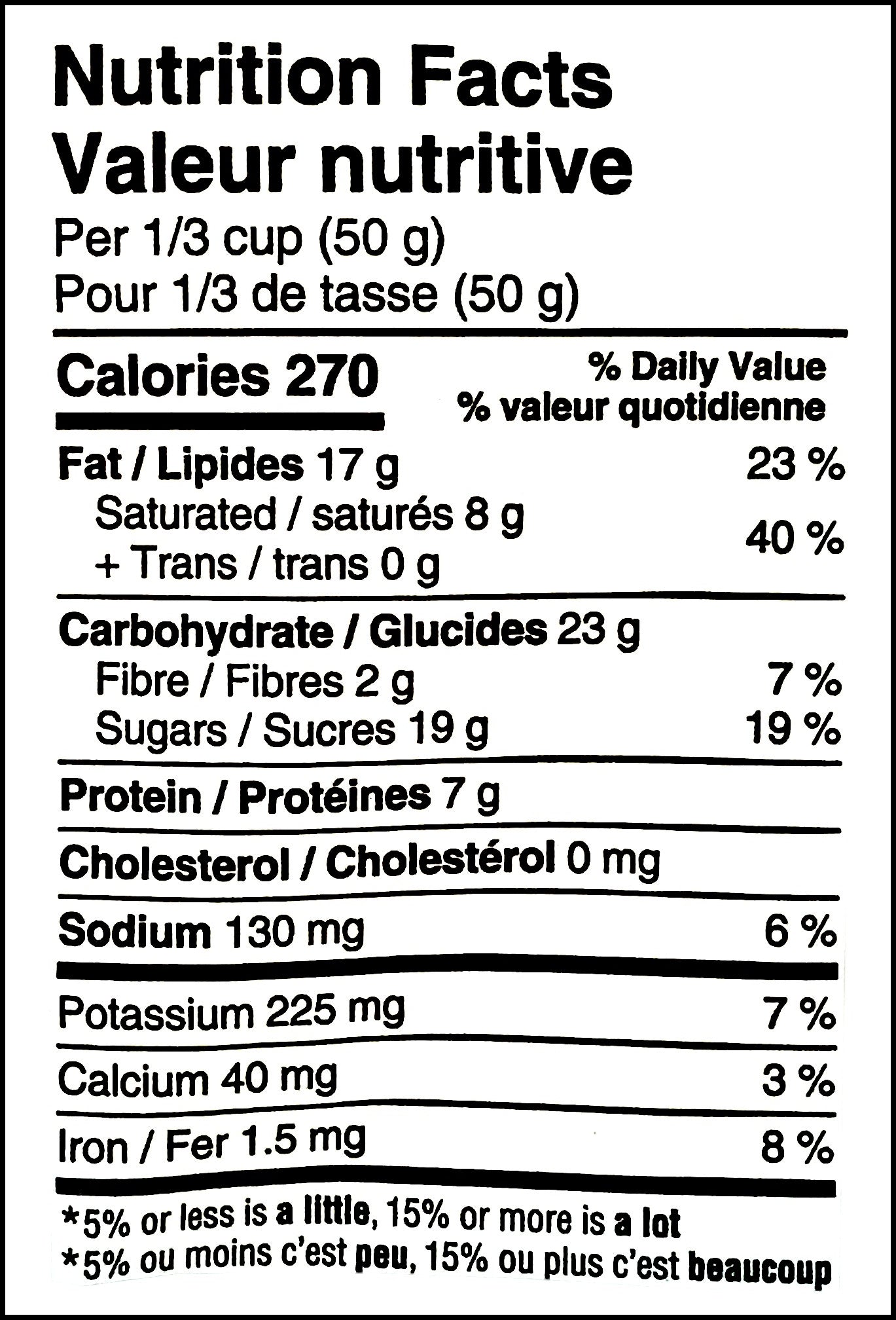 Nutrition facts label of Planters Peanut Bitter Chocolate Trail Mix, 170g/6 oz. Bag