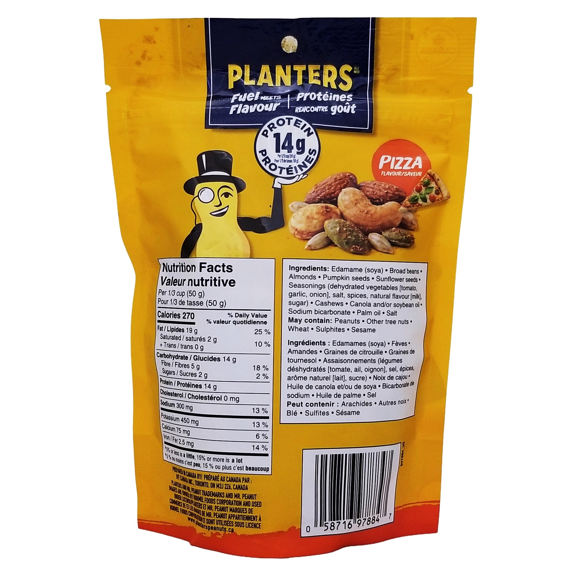 Back of Planters Pizza Trail Mix bag, 170 g / 6 oz.