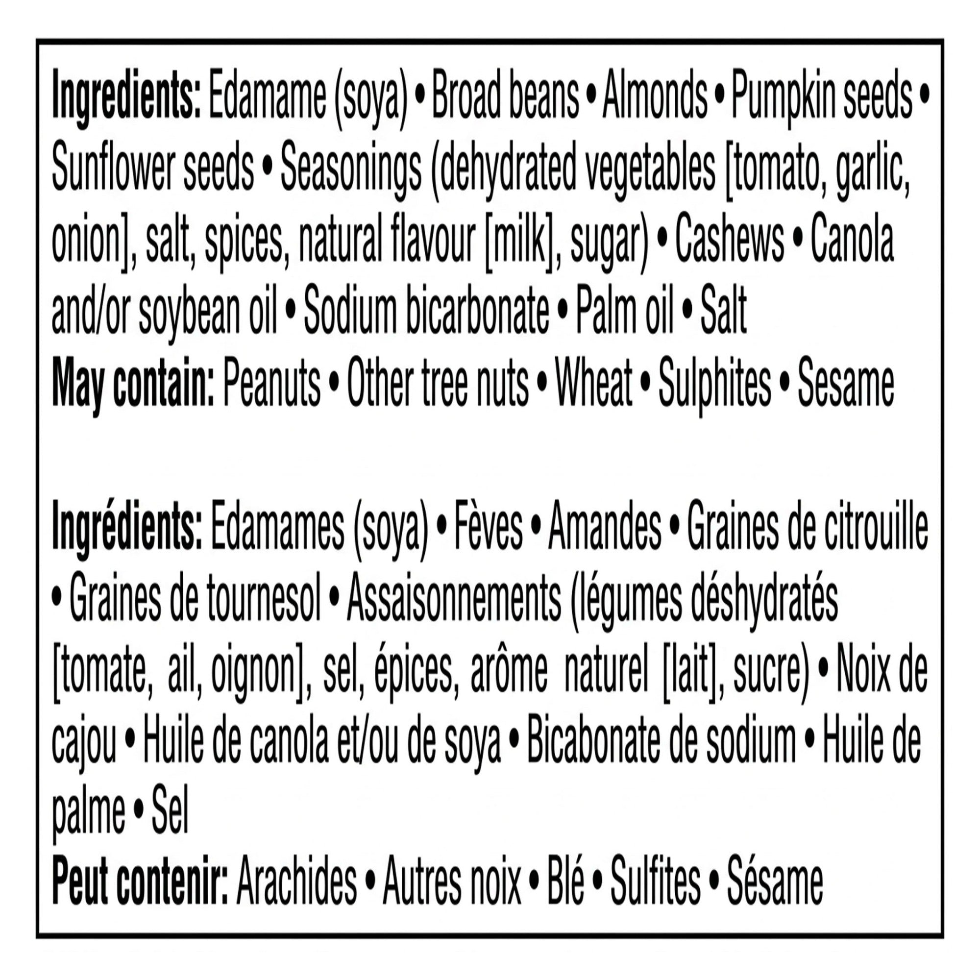 Ingredients label on Planters Pizza Trail Mix, 170 g / 6 oz.