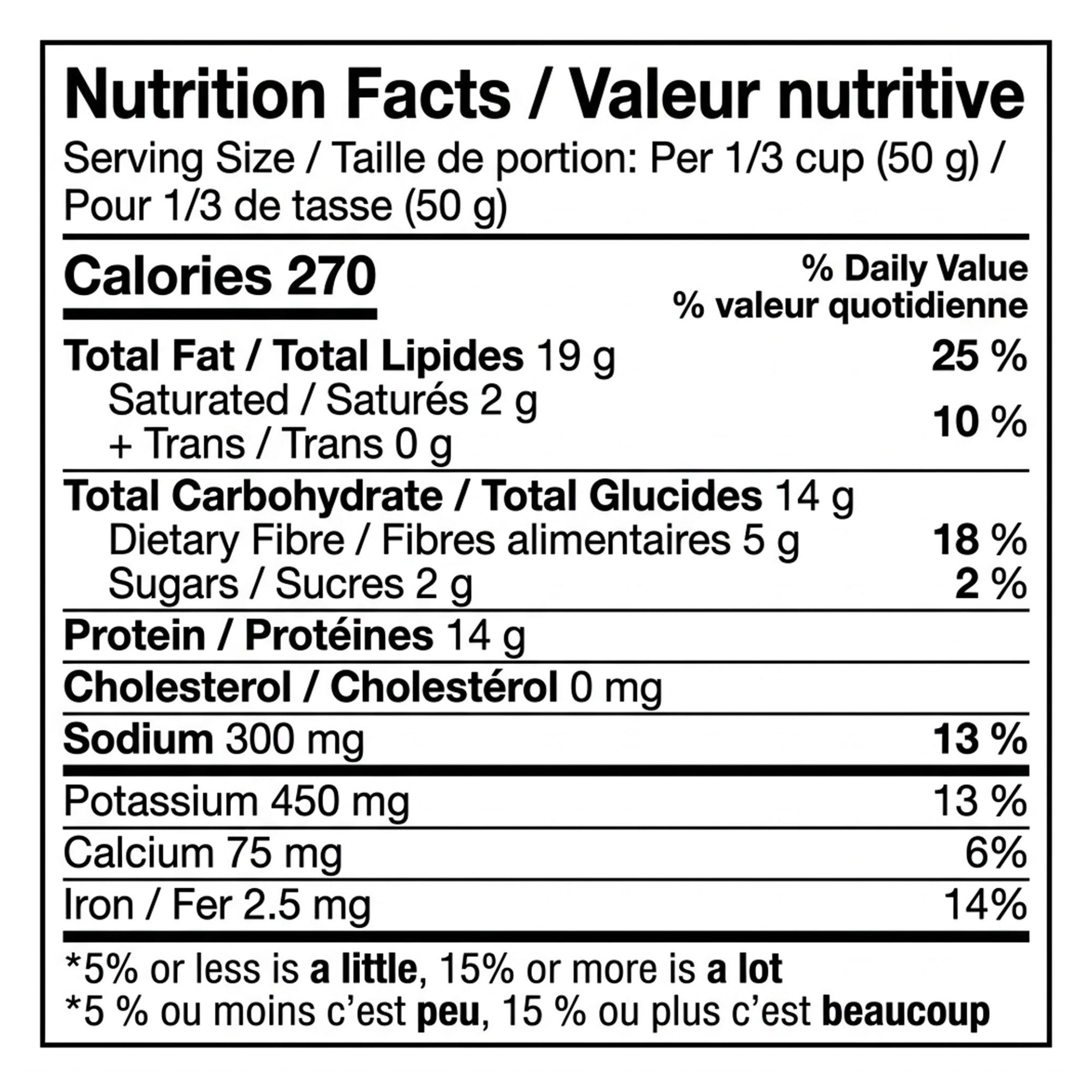 Nutrition Facts label on Planters Pizza Trail Mix, 170 g / 6 oz.