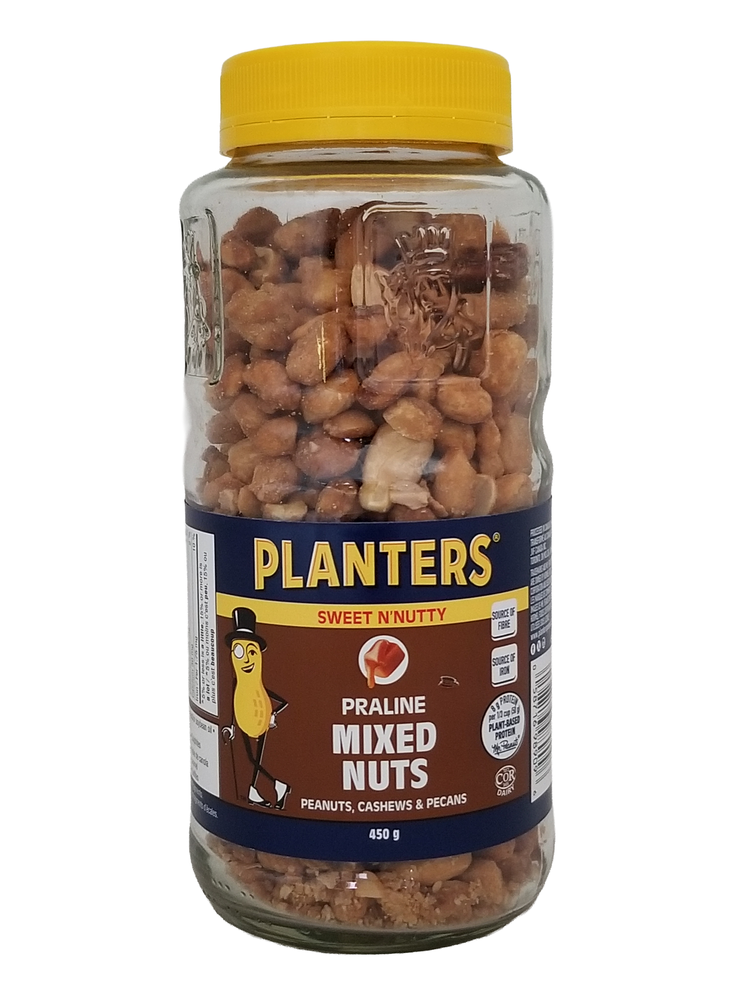 Jar of Planters Praline Mixed Nuts, Sweet N'Nutty Peanuts, 450g/15.8 oz with yellow lid on a white background