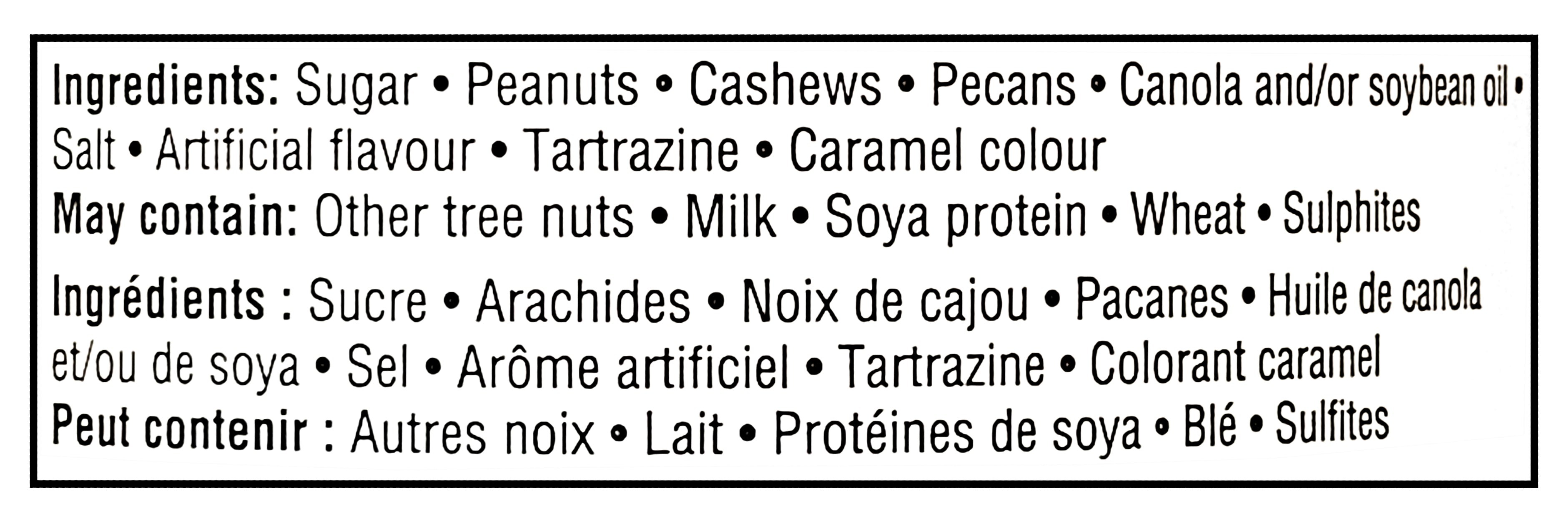 Allergen and ingredient list of Planters Praline Mixed Nuts, Sweet N'Nutty Peanuts, 450g/15.8 oz with text in English and French.