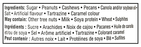 Allergen and ingredient list of Planters Praline Mixed Nuts, Sweet N'Nutty Peanuts, 450g/15.8 oz with text in English and French.