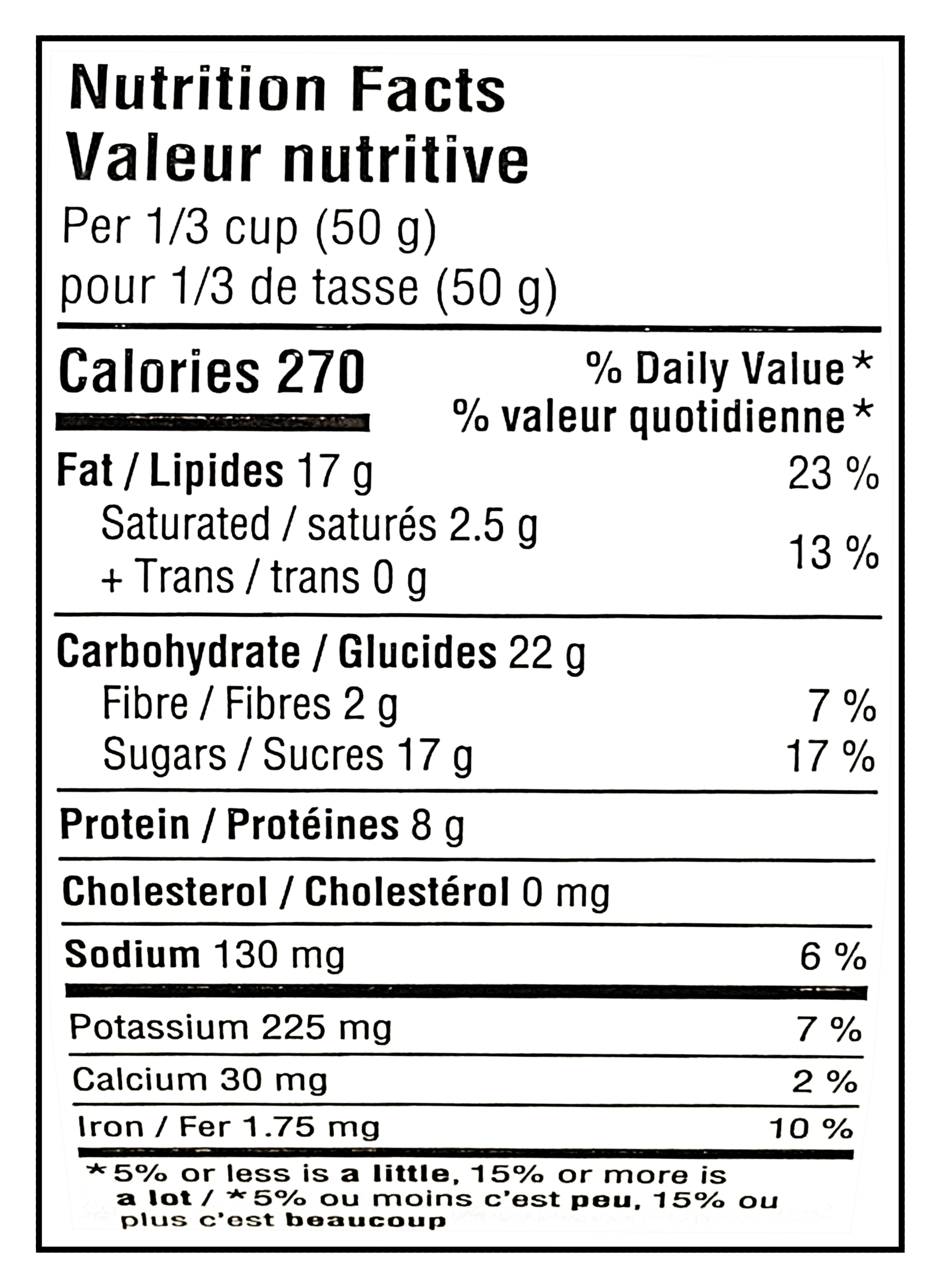 Nutrition facts label for Planters Praline Mixed Nuts, Sweet N'Nutty Peanuts, 450g/15.8 oz with detailed calorie count and nutritional content.