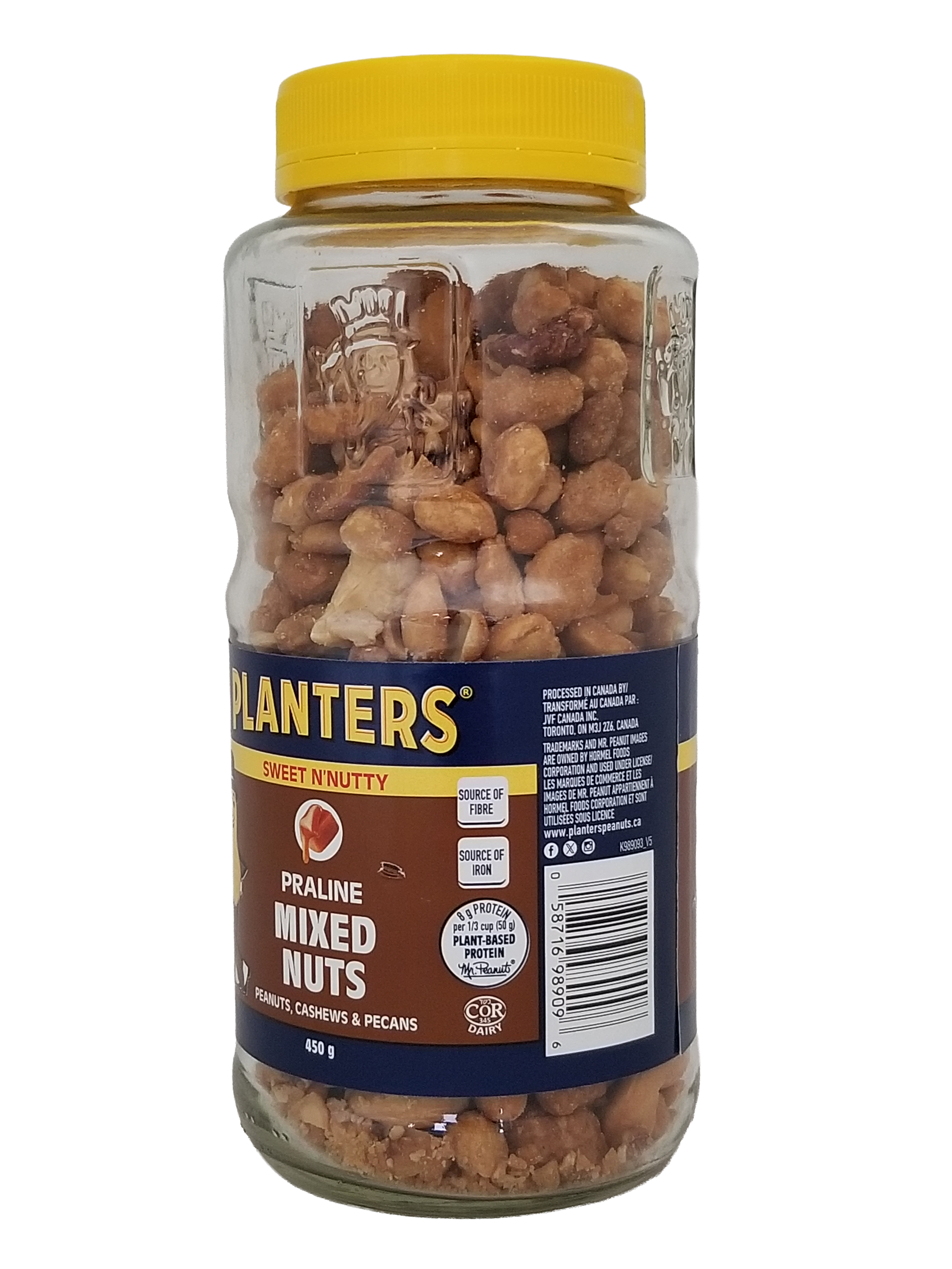 Jar of Planters Praline Mixed Nuts, Sweet N'Nutty Peanuts, 450g/15.8 oz with a yellow lid on a white background