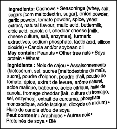 Ingredients label of Planters Ranch Flavored Cashews, 145g/5.1 oz. Bag