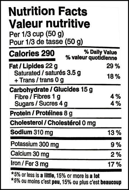 Nutrition facts label of Planters Ranch Flavored Cashews, 145g/5.1 oz. Bag