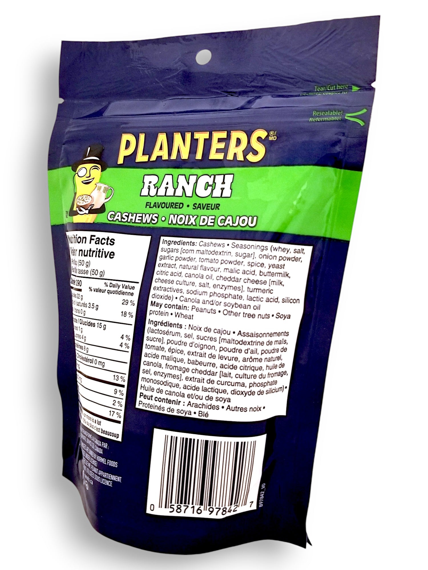 Back of Planters Ranch Flavored Cashews, 145g/5.1 oz. Bag