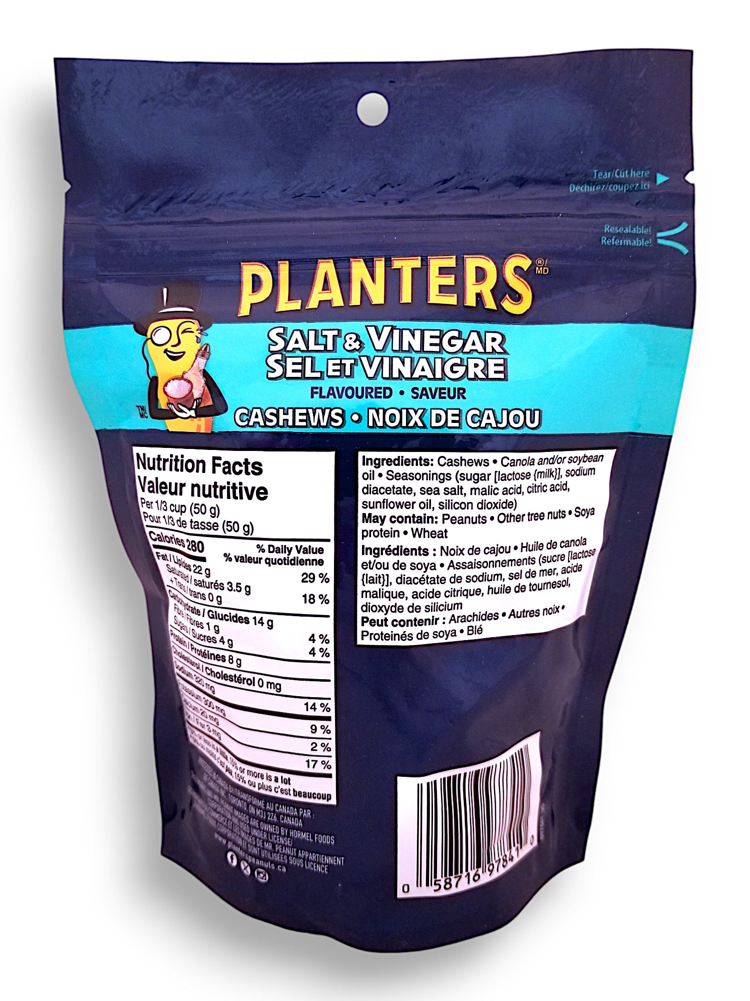 Back of Planters Salt & Vinegar Flavored Cashews, 145g/5.1 oz. Bag