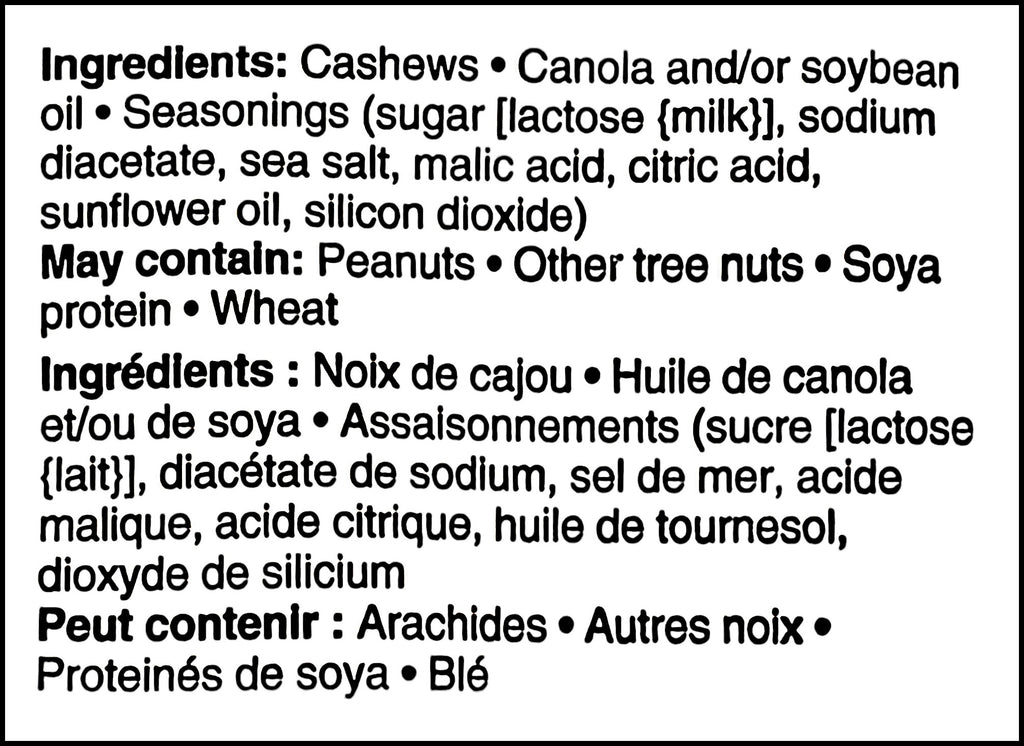 Ingredients label of Planters Salt & Vinegar Flavored Cashews, 145g/5.1 oz. Bag