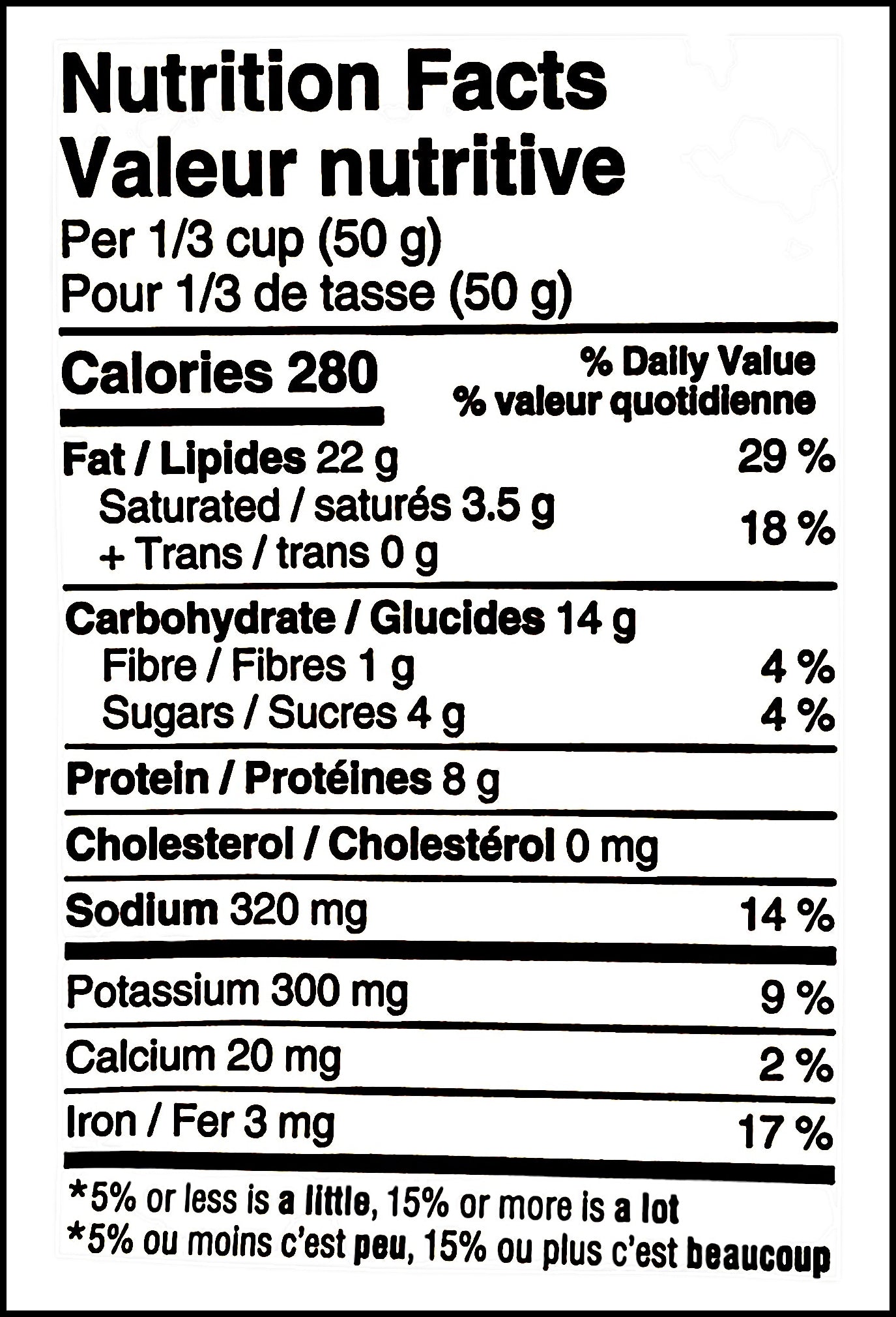 Nutrition facts label of Planters Salt & Vinegar Flavored Cashews, 145g/5.1 oz. Bag