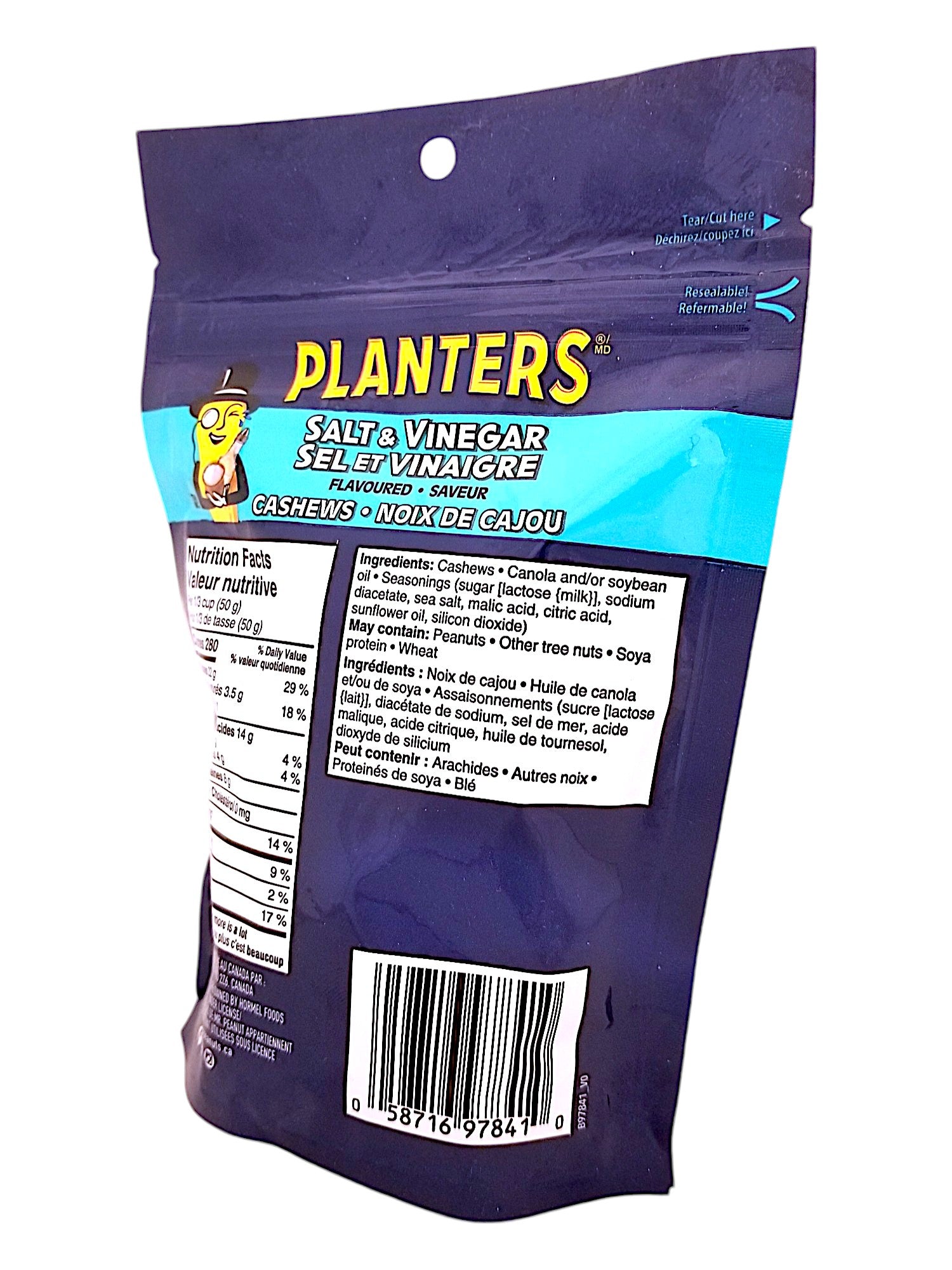 Back of Planters Salt & Vinegar Flavored Cashews, 145g/5.1 oz. Bag