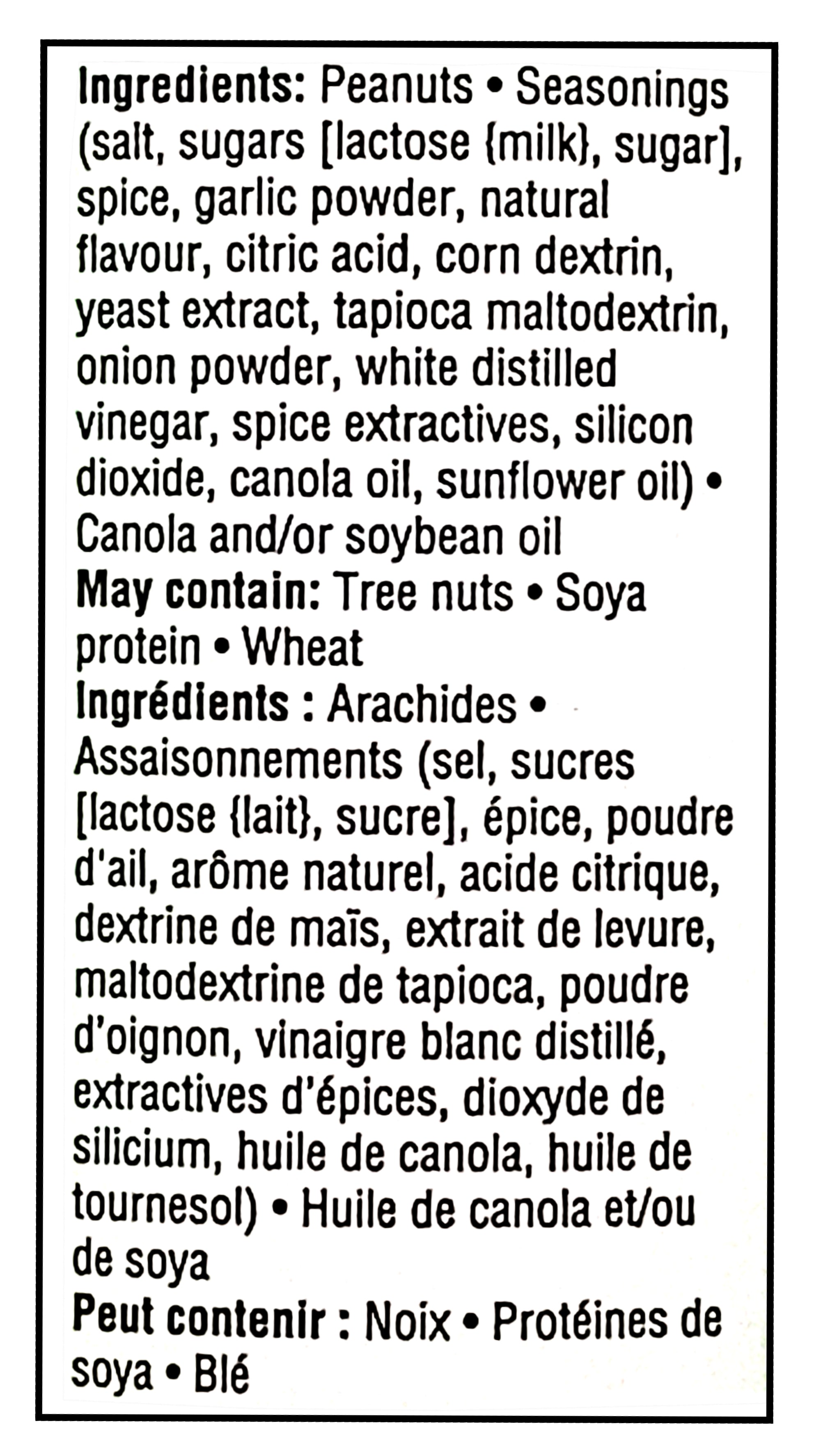 Ingredients list of Planters Spicy Dill Pickle Flavored Peanuts, 300g/10.6oz with a black border.