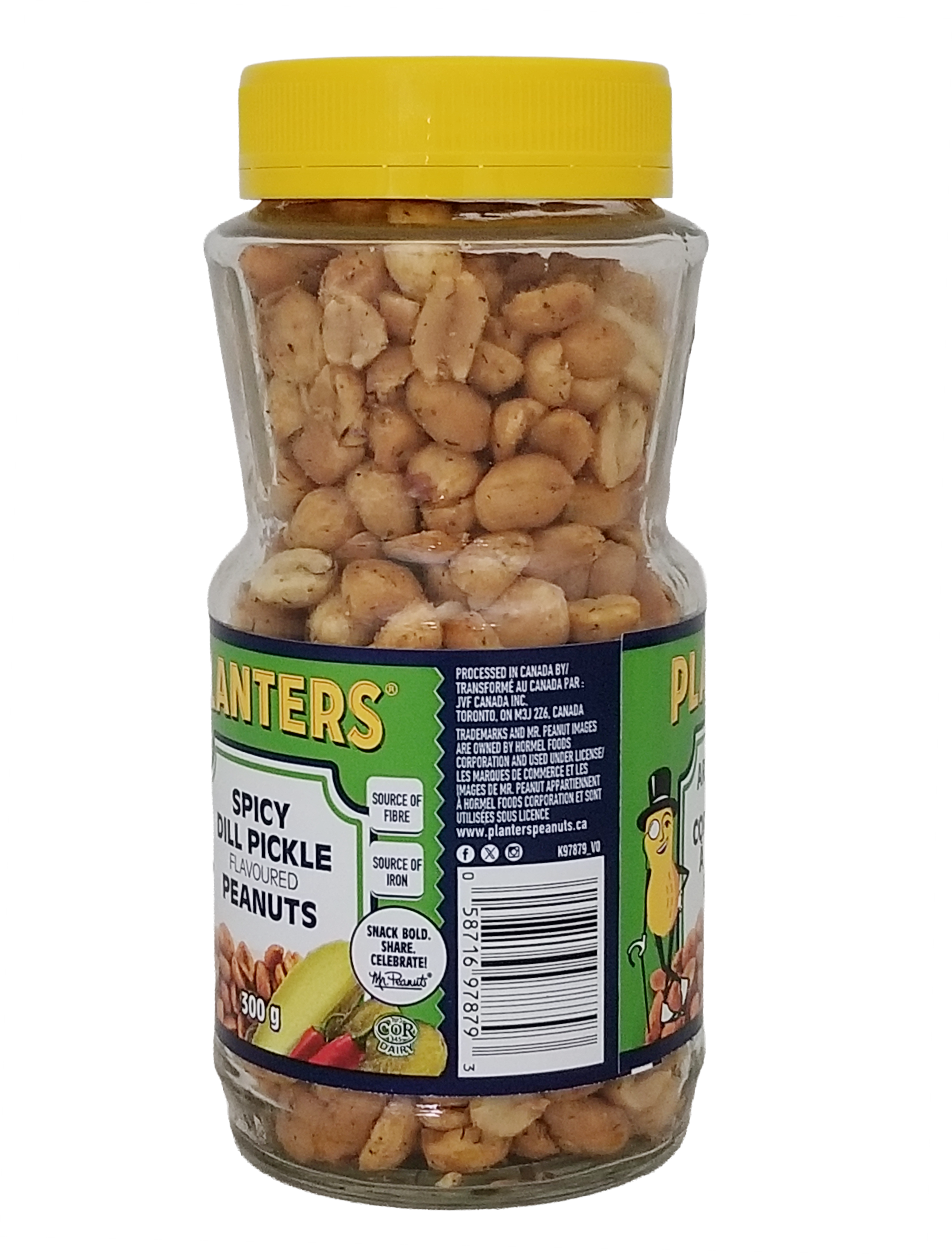 Side of Jar of Planters Spicy Dill Pickle Flavored Peanuts, 300g/10.6oz with yellow lid on a white background.
