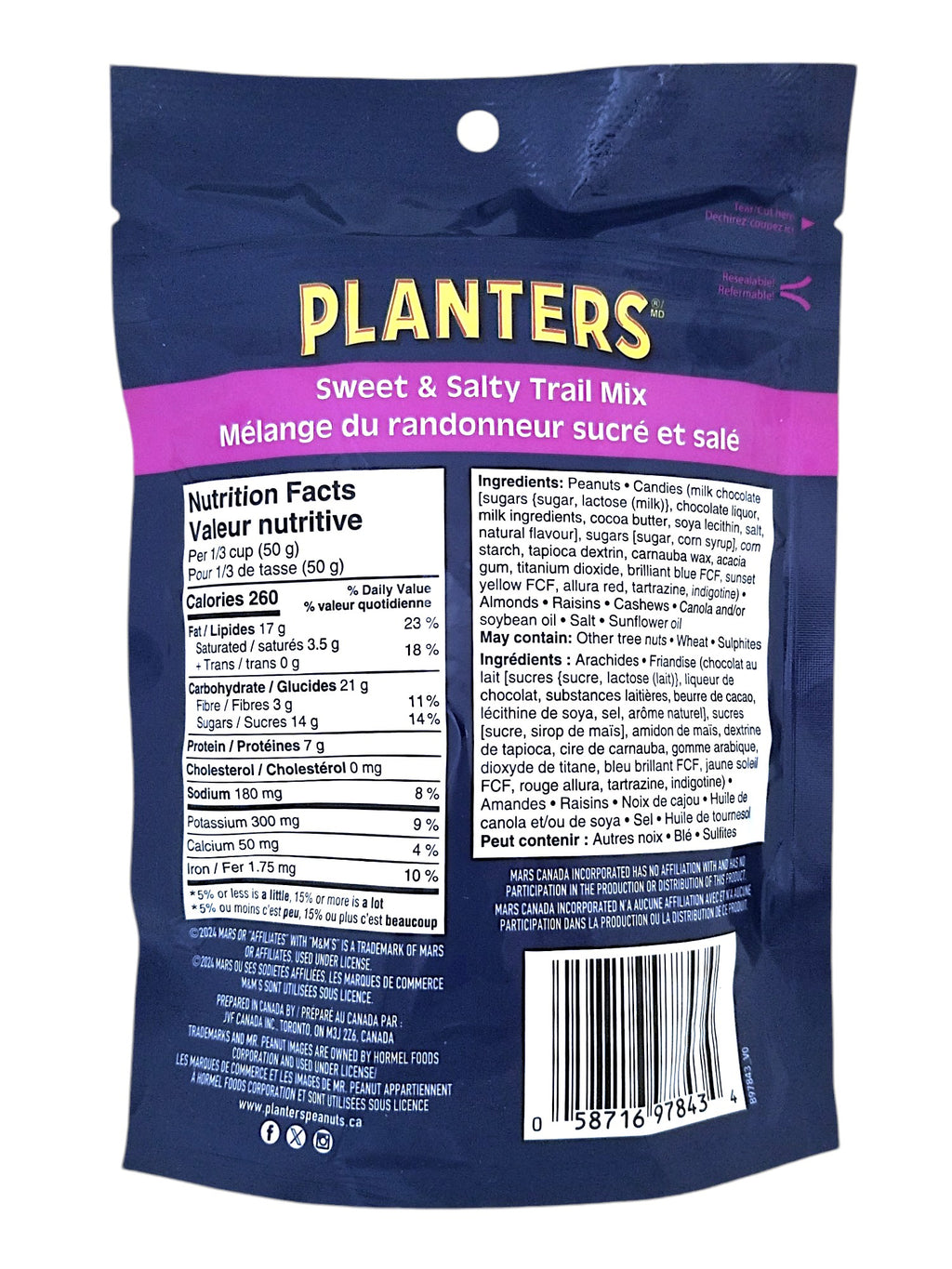 Back of Planters Sweet & Salty Trail Mix, 170g/6 oz. Bag