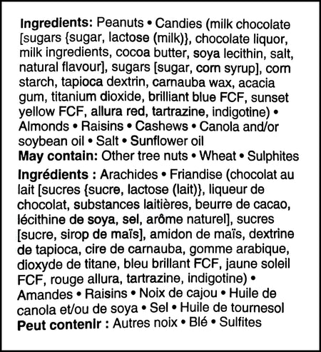 Ingredients label of Planters Sweet & Salty Trail Mix, 170g/6 oz. Bag