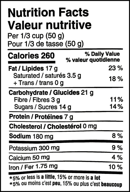 Nutrition facts label of Planters Sweet & Salty Trail Mix, 170g/6 oz. Bag