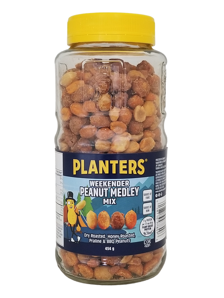 Jar of Planters Weekender Peanut Medley Mix, 454g/16 oz with a yellow lid on a white background