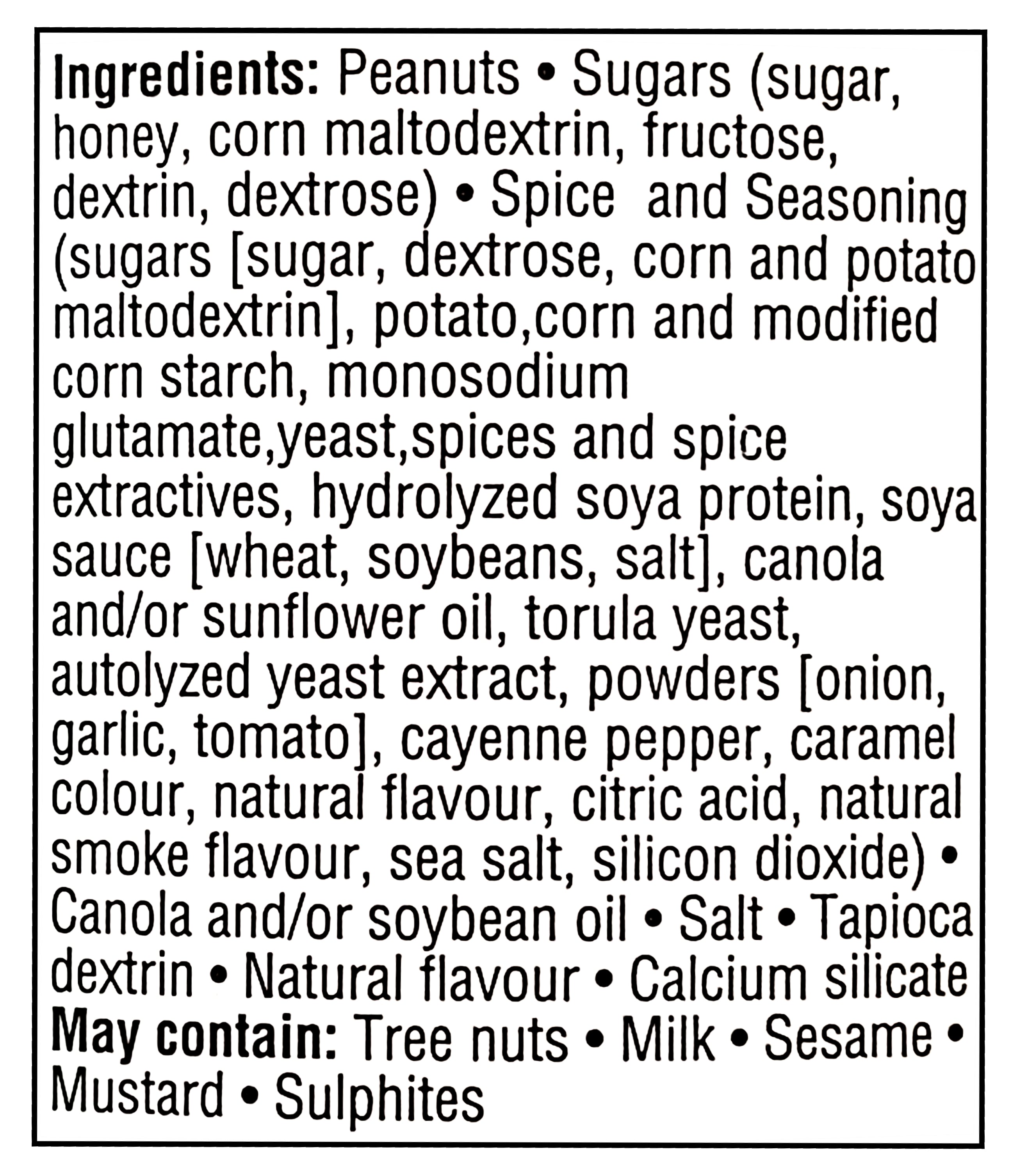 Ingredients list for Planters Weekender Peanut Medley Mix, 454g/16 oz on a white background