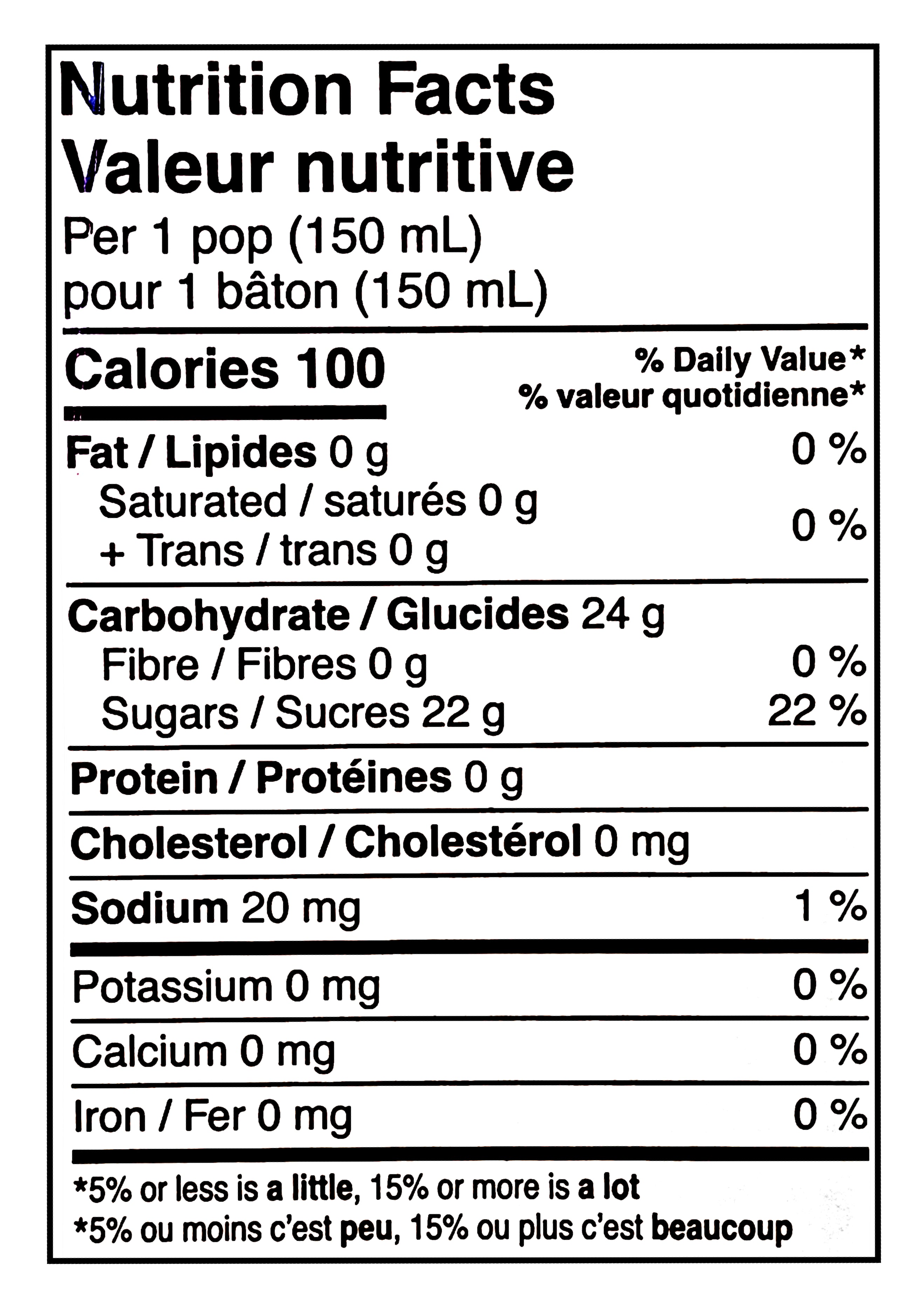 Nutrition facts label for Popsicle Giant Freeze Pops, 27 x 150ml/5.25 fl oz with 100 calories, 24g of carbohydrates, and 22g of sugars per serving.