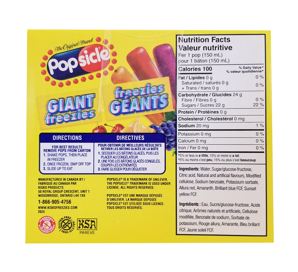Popsicle Giant Freeze Pops, 27 x 150ml/5.25 fl oz with nutrition facts and directions on a white background