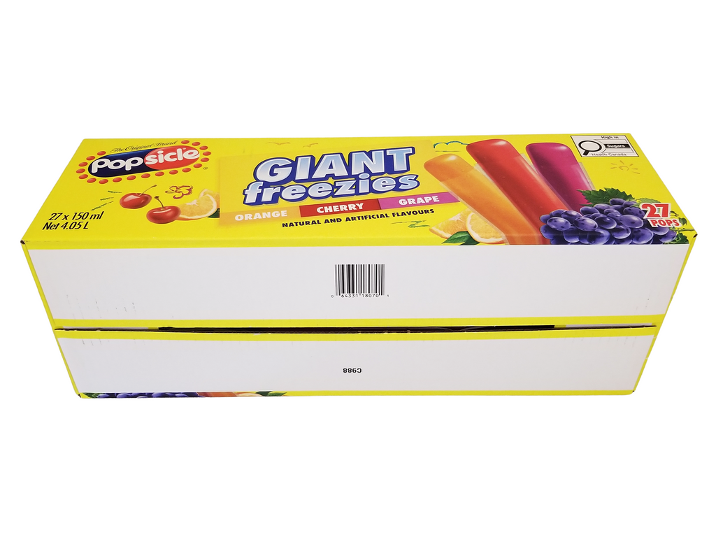 Box of Popsicle Giant Freeze Pops, 27 x 150ml/5.25 fl oz with colorful packaging on a white background