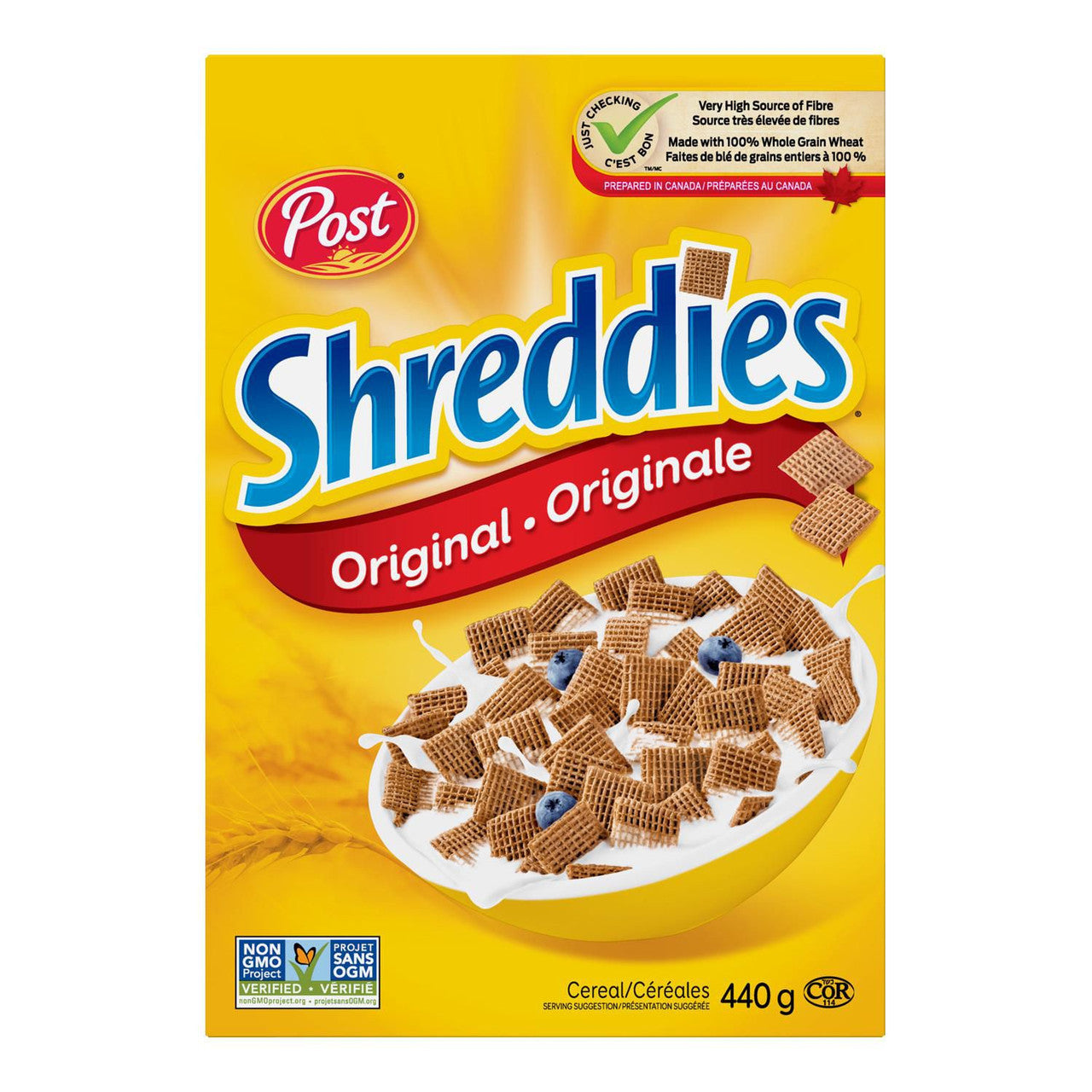 Post Shreddies Breakfast Cereal 440g/15.4 oz., Box Front Side
