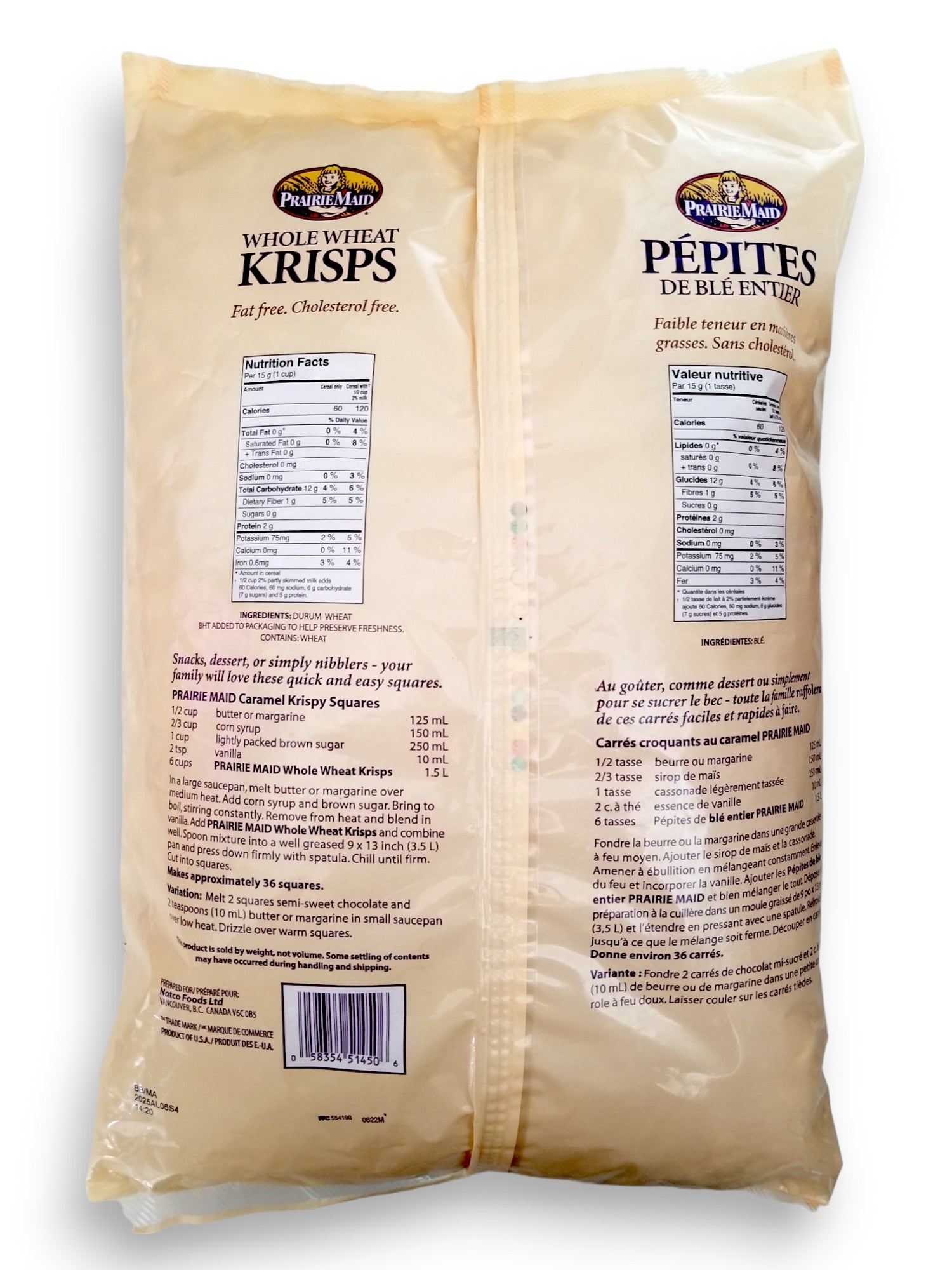 Prairie Maid Whole Wheat Krisps, Toasted Puffed Wheat Cereal 450g, back of bag.
