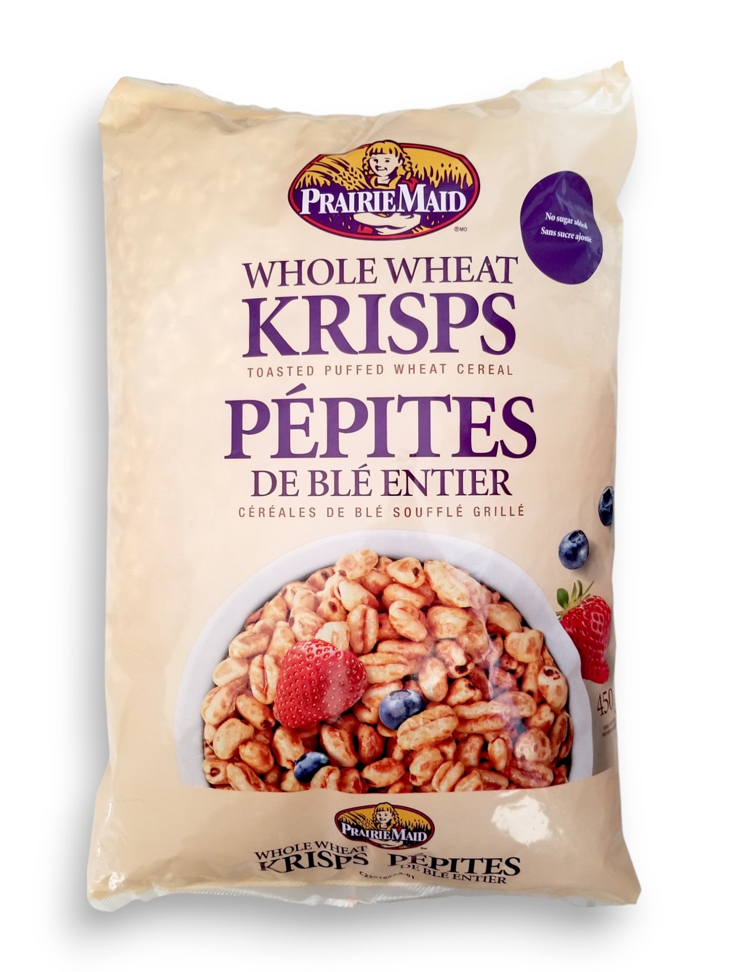 Prairie Maid Whole Wheat Krisps, Toasted Puffed Wheat Cereal 450g, front of bag.