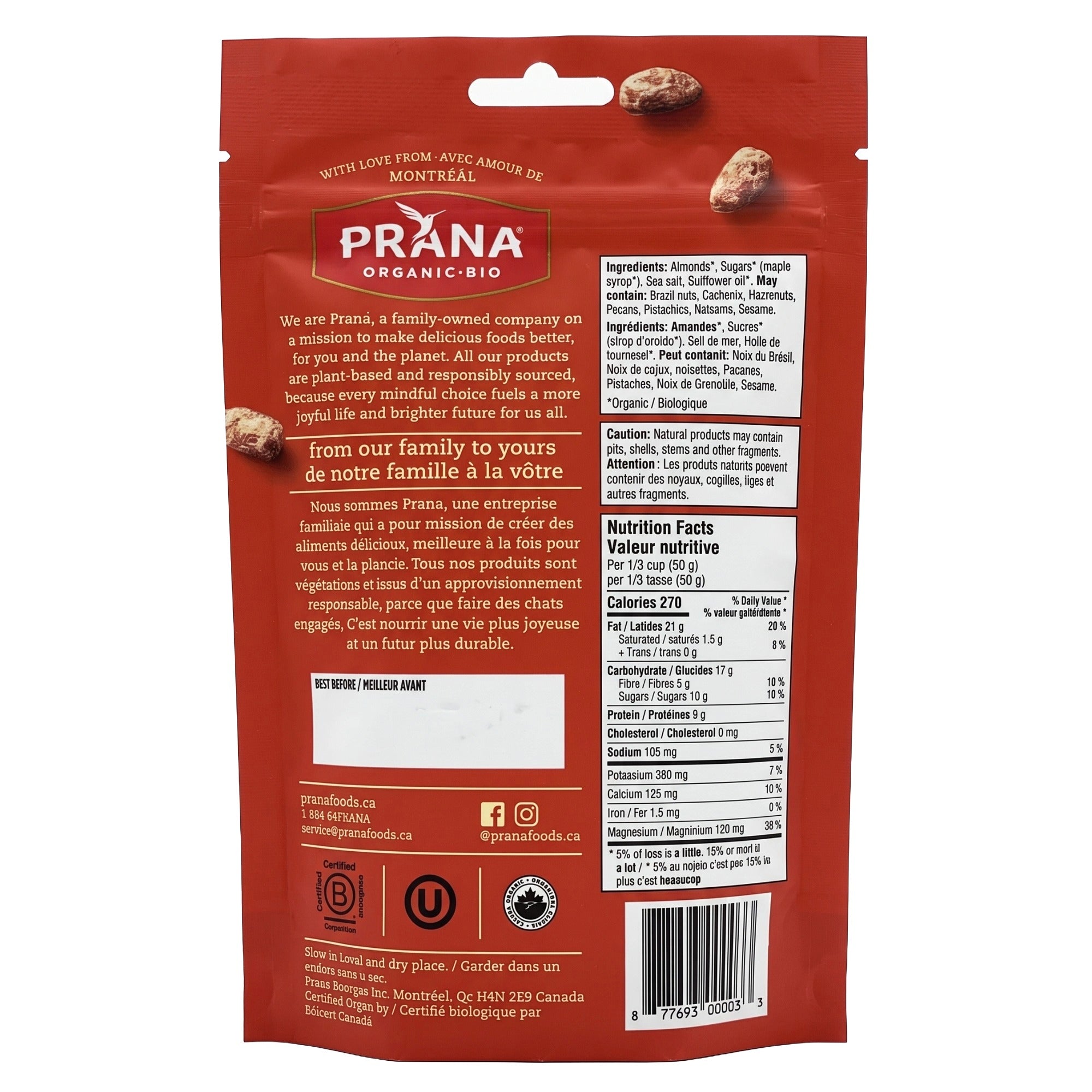 Prana Organic Amandine Maple Sea Salt Almonds 150 g (5 oz) package back