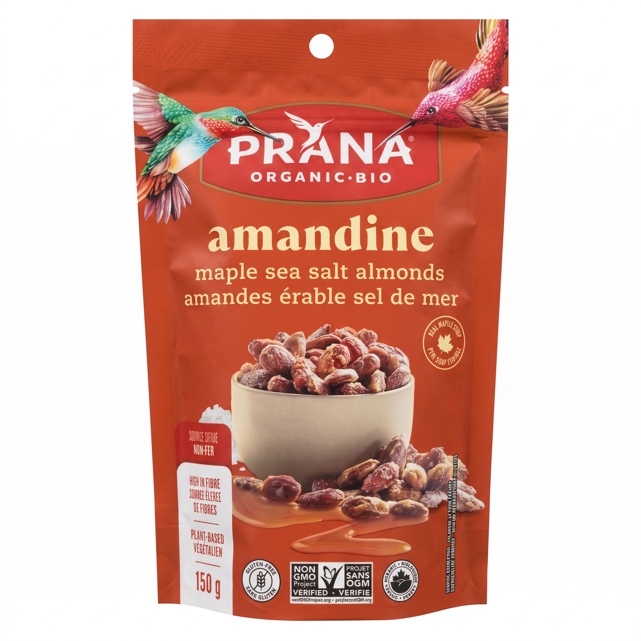Prana Organic Amandine Maple Sea Salt Almonds 150 g (5 oz) package front