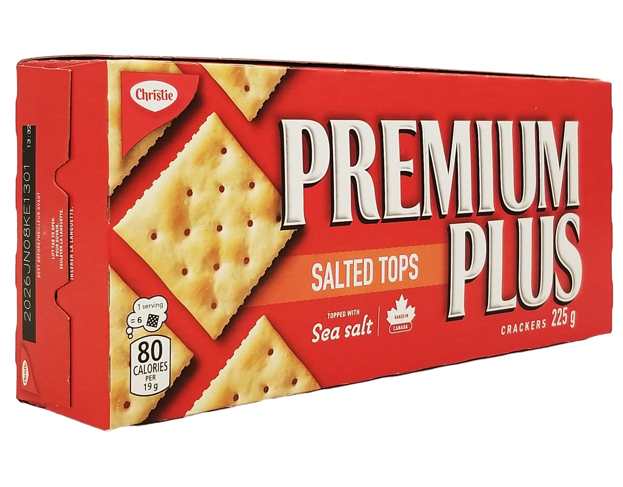 Box of Christie Premium Plus Salted Tops crackers, 225g package with a red background